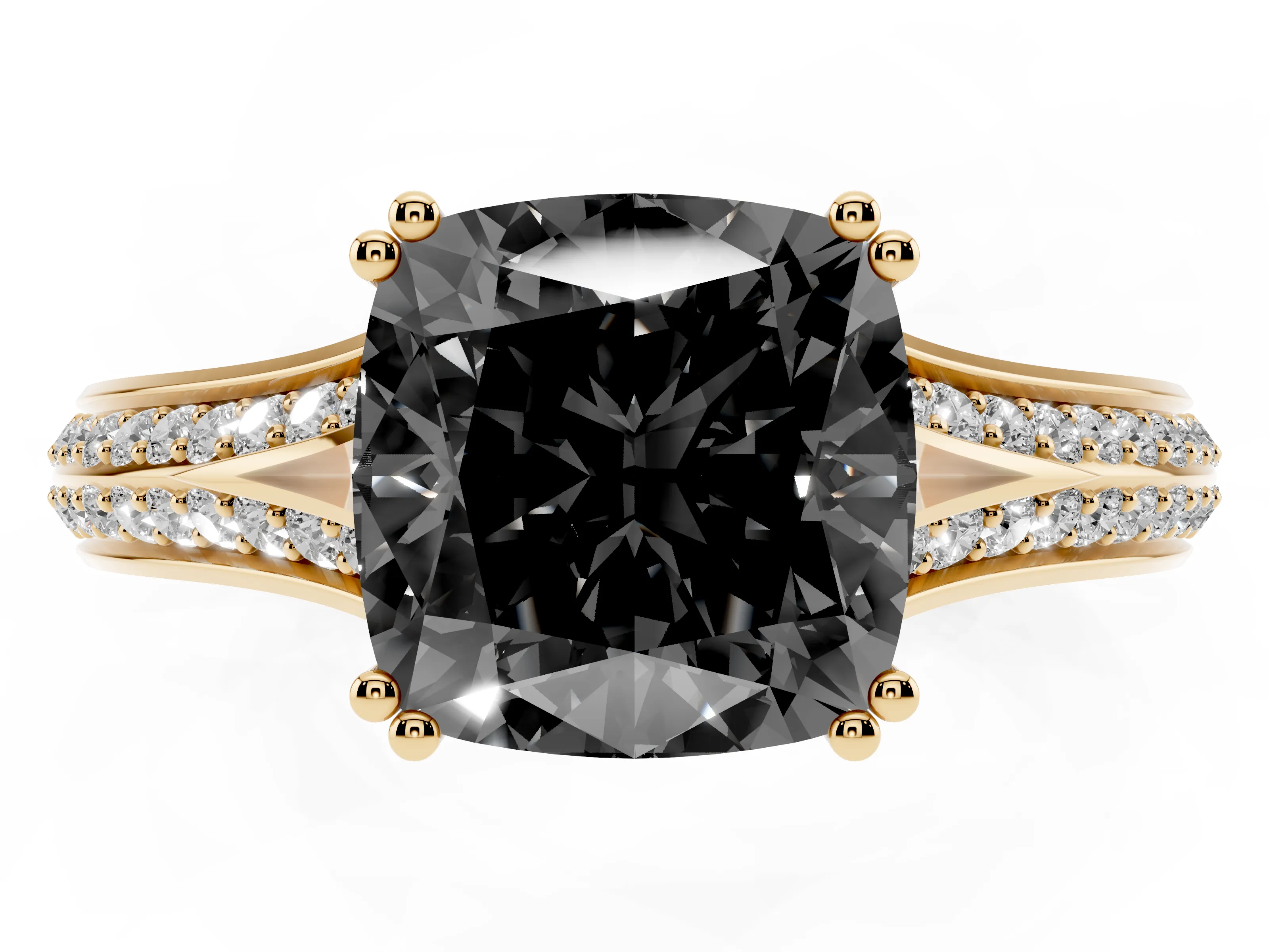 Fancy Black Cushion Cut Diamond Split Shank Pavé Engagement Ring Set in Yellow gold with Prong-Set Center Stone