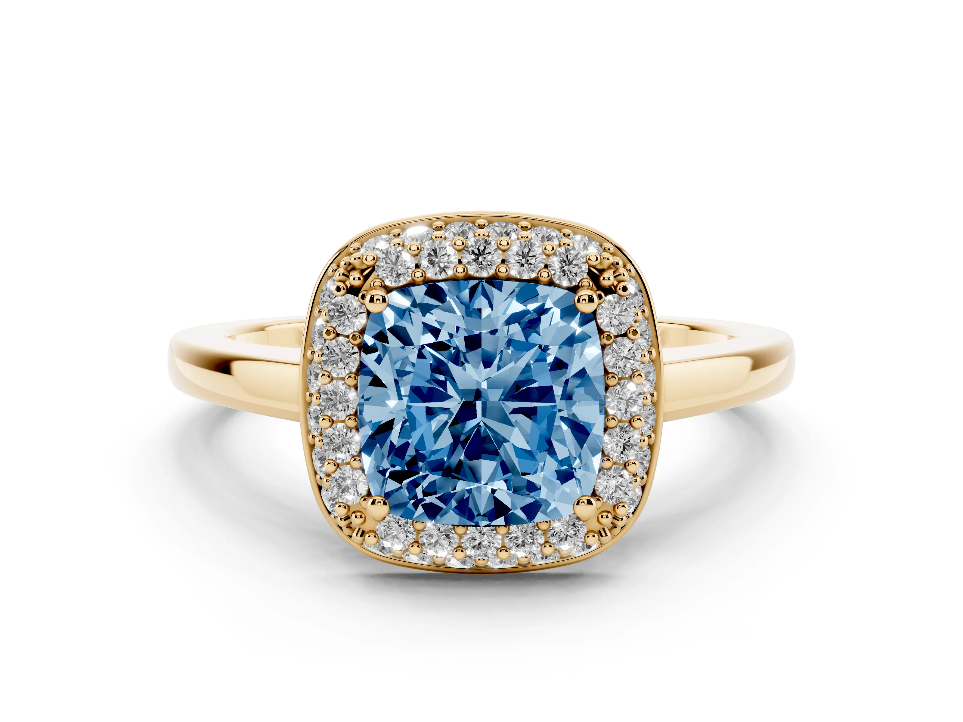 Fancy Blue Cushion Cut Diamond Halo Engagement Ring Set in Yellow gold with Solitaire Band and Prong Setting