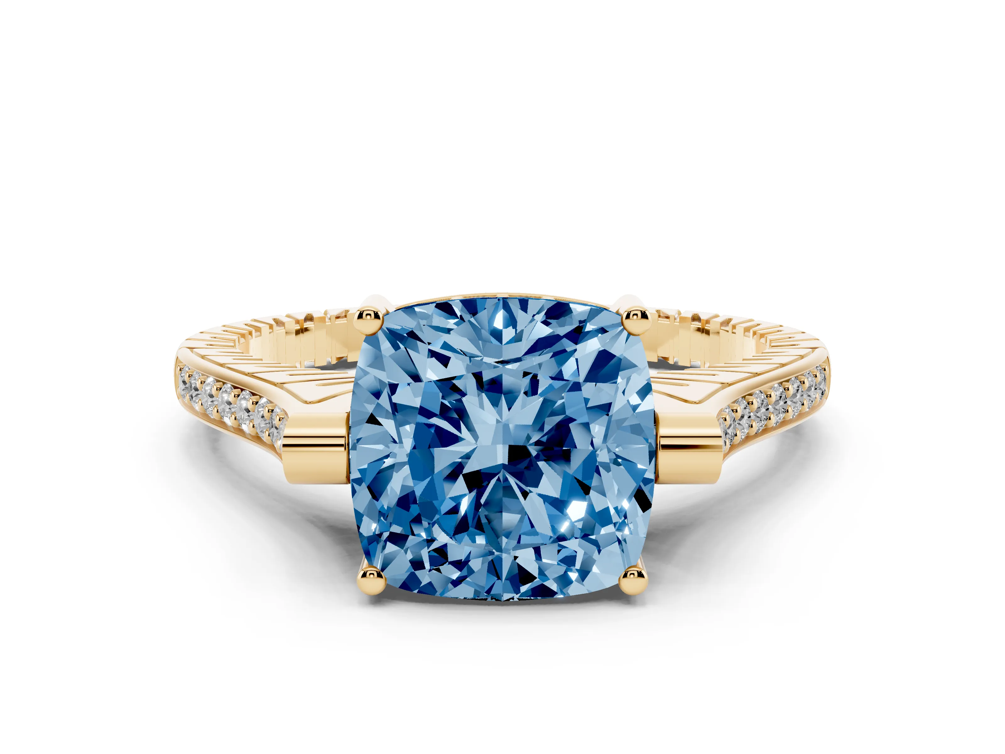 Fancy Blue Cushion Cut Diamond Solitaire Ring Set in Yellow gold with Channel Set Band and Bezel Prong Setting