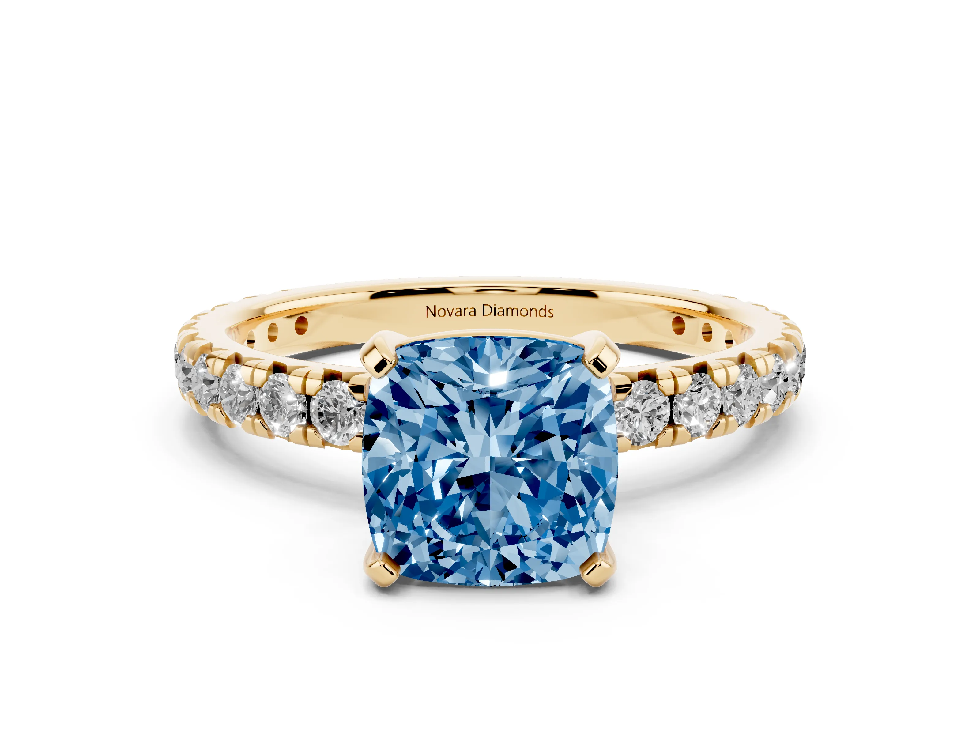 Fancy Blue Cushion Cut Diamond Pavé Solitaire Ring Set in Yellow gold with Round Band and Prong Setting
