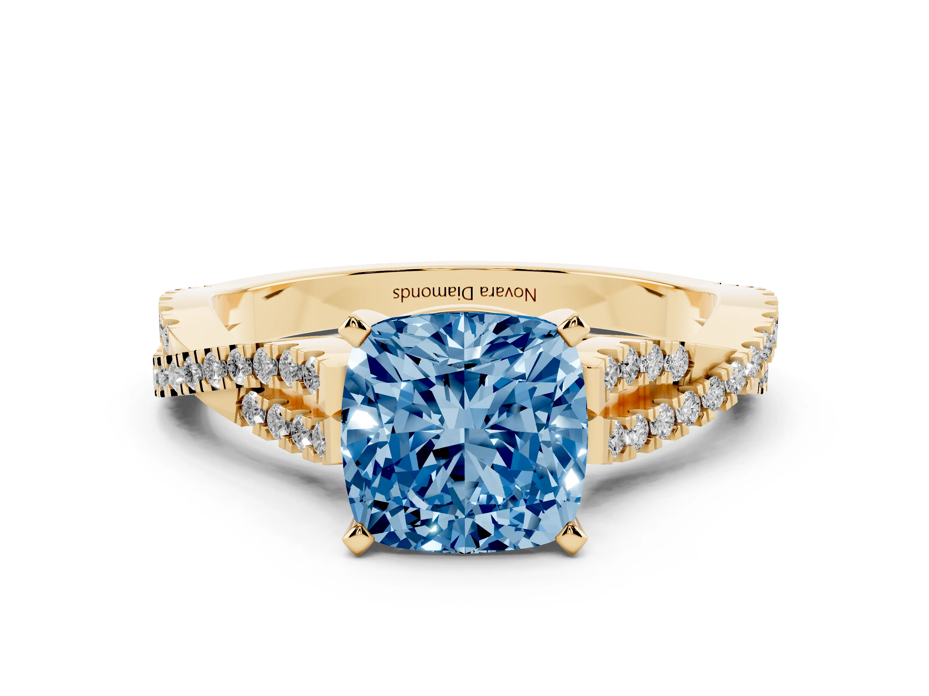 Fancy Blue Cushion Cut Diamond Solitaire Engagement Ring Set in Yellow gold with Twisted Pavé Band and Prong Setting