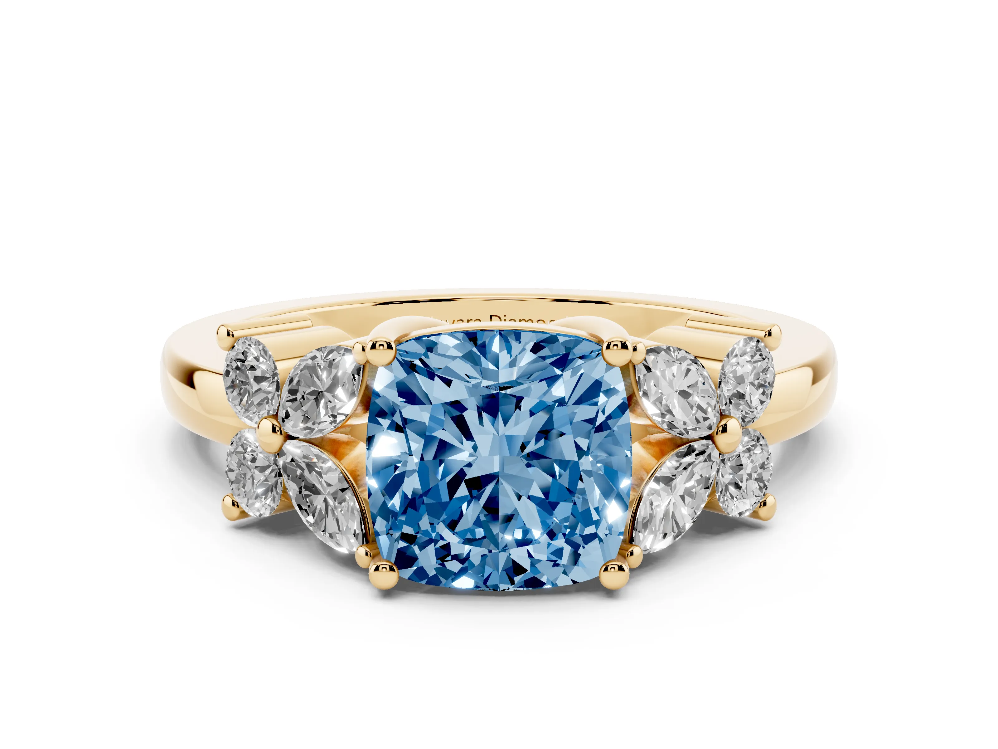 Fancy Blue Cushion Cut Diamond Floral Cluster Ring Set in Yellow gold with Marquise Petals and Prong Setting