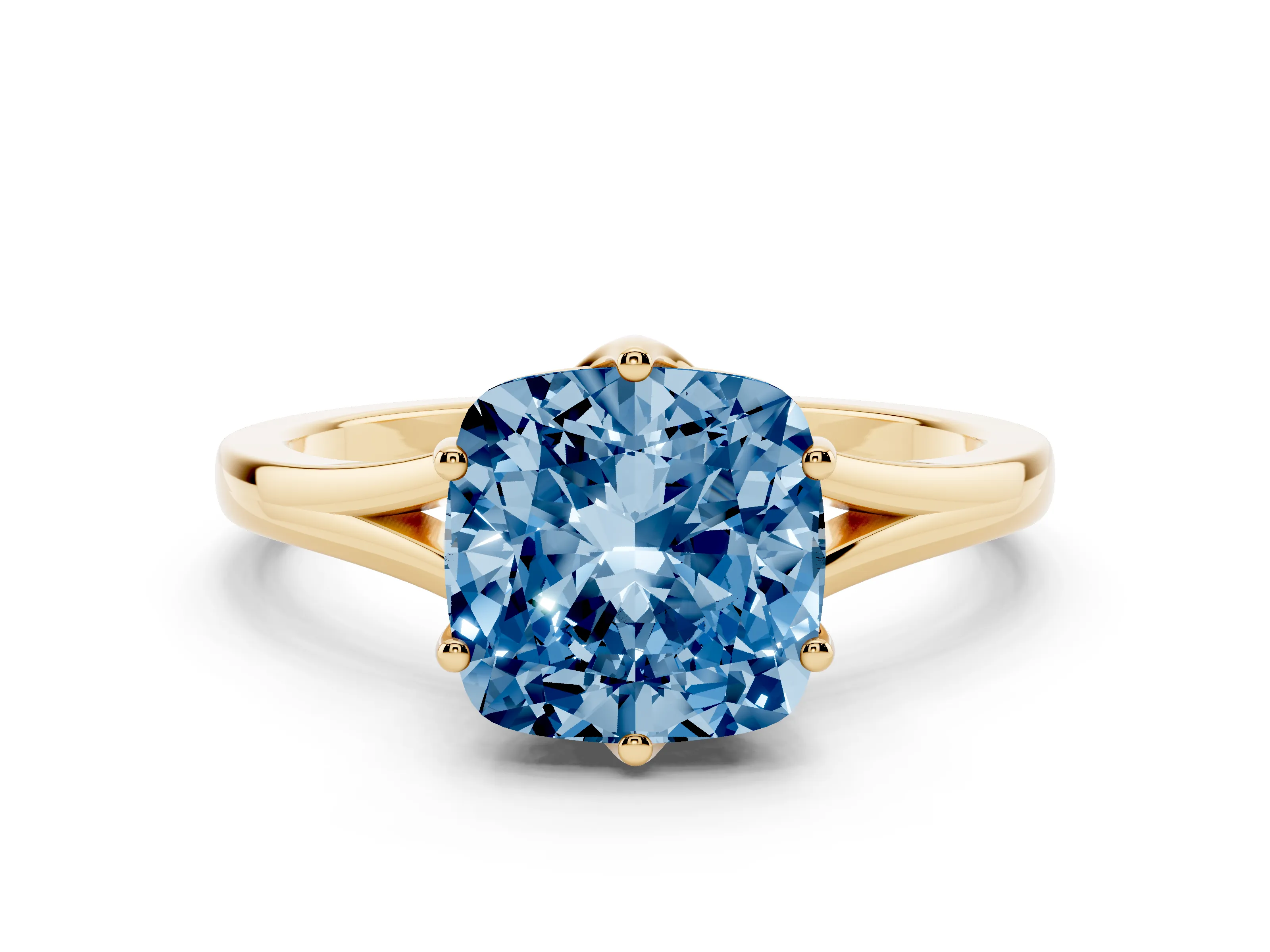 Fancy Blue Cushion Cut Diamond Solitaire Ring Set in Yellow gold with Polished Tapered Band and Prong Setting