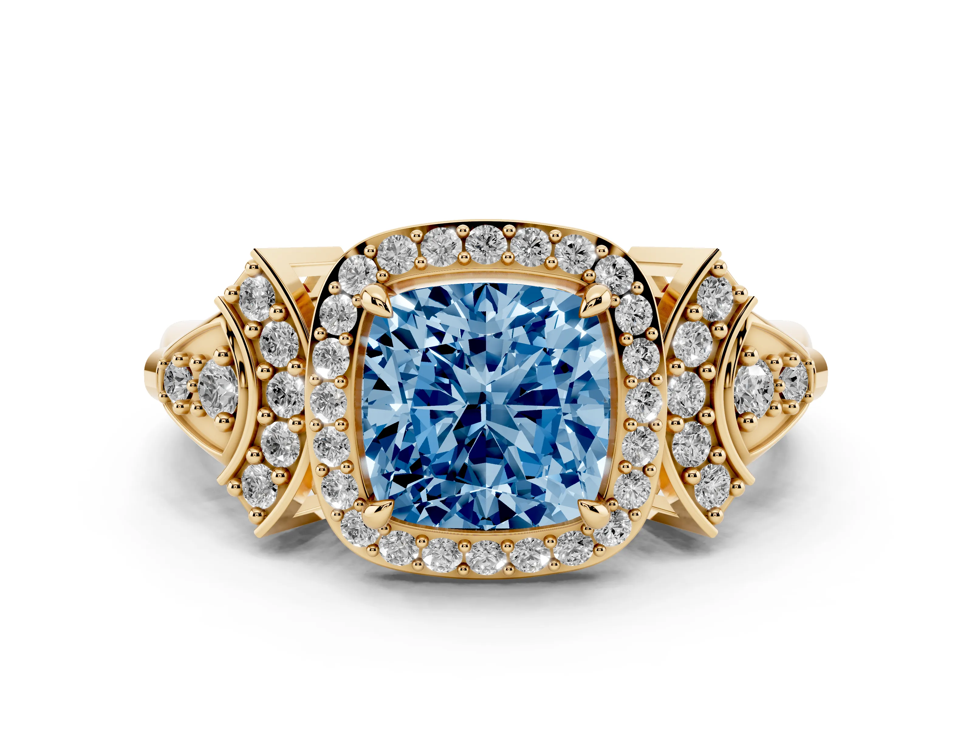 Fancy Blue Cushion Cut Diamond Halo Engagement Ring Set in Yellow gold with Accent Stone Split Shank