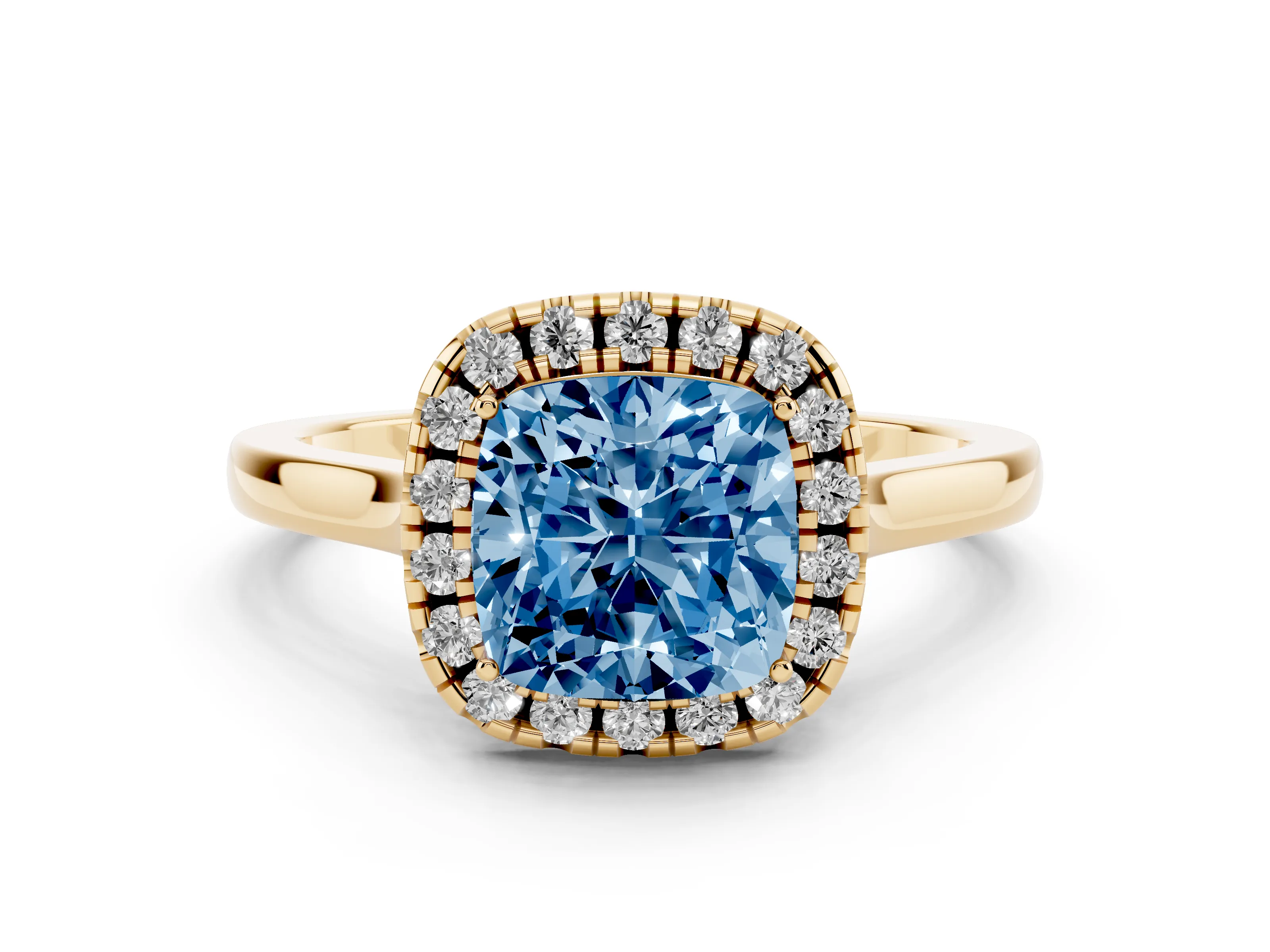 Fancy Blue Cushion Cut Halo Round Diamond Solitaire Ring Set in Yellow gold with Pavé Band and Prong Setting