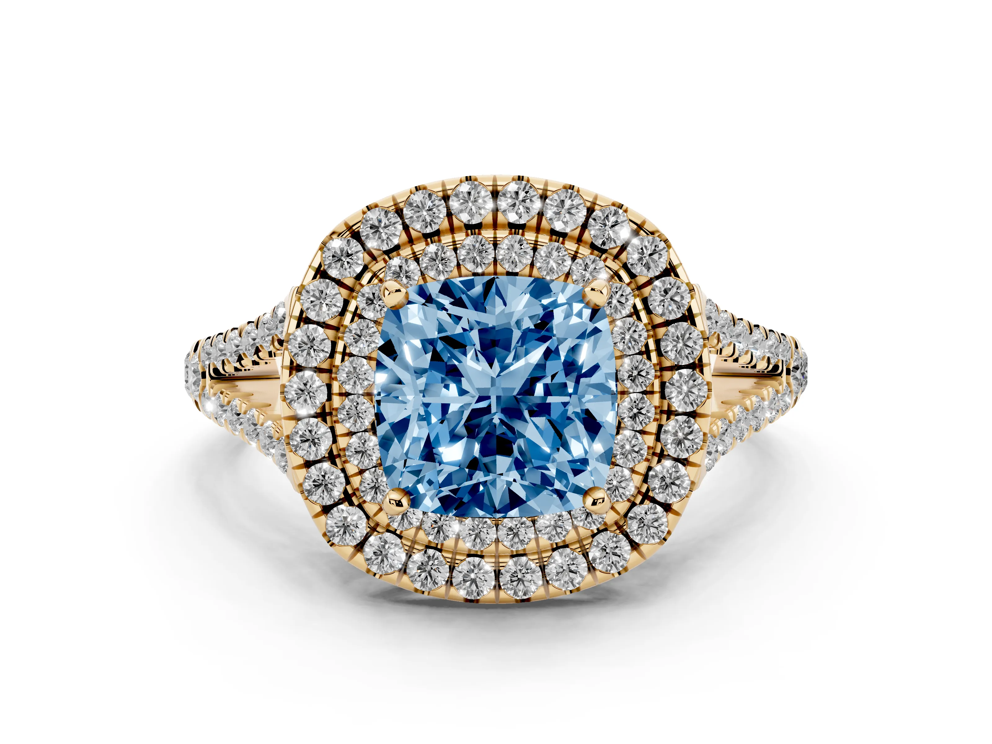Fancy Blue Cushion Cut Diamond Double Halo Ring Set in Yellow gold with Pavé Band
