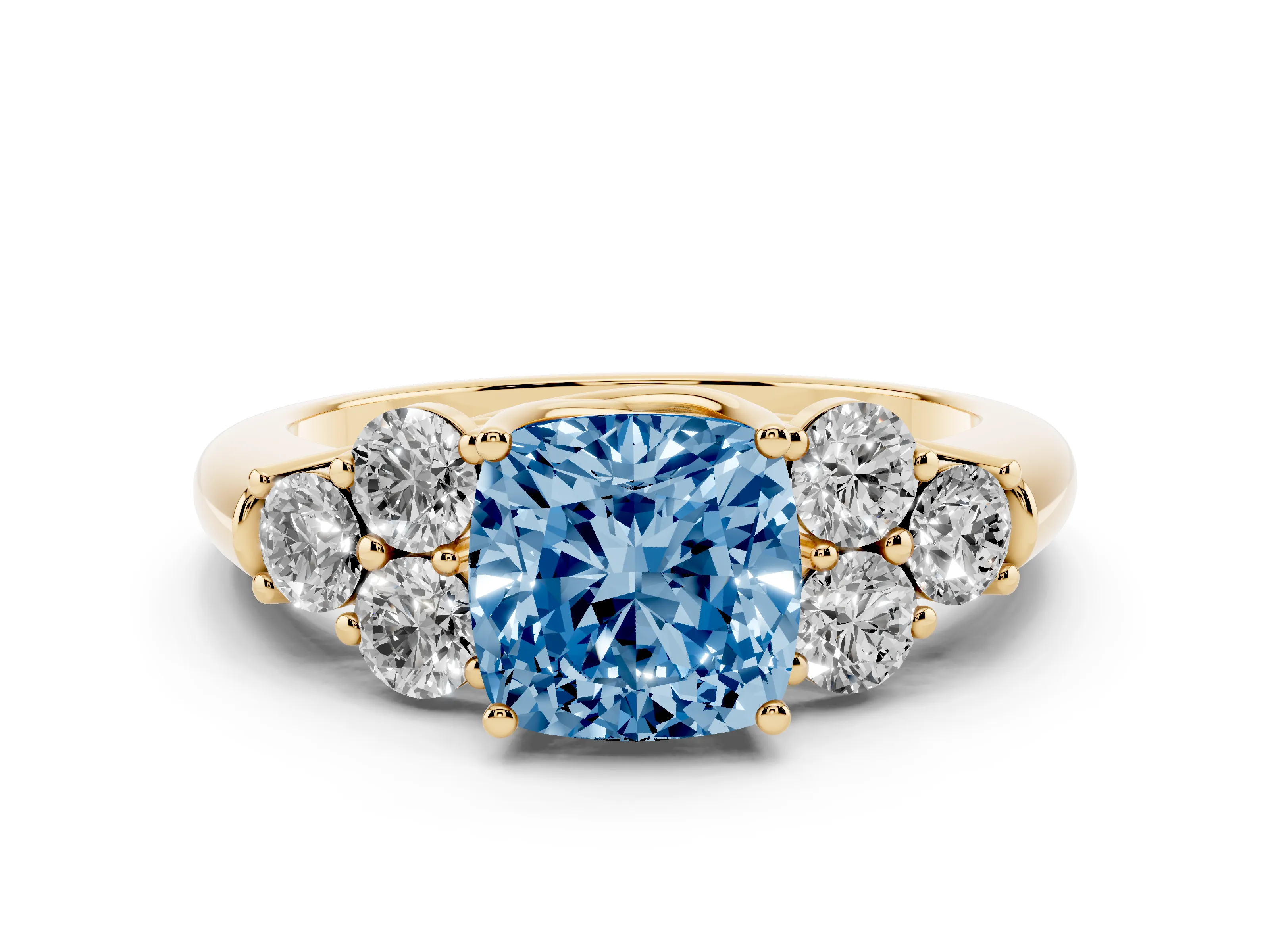 Fancy Blue Cushion Cut Diamond Cluster Ring Set in Yellow gold with Round Accent Stones and Prong Setting on a Plain Band