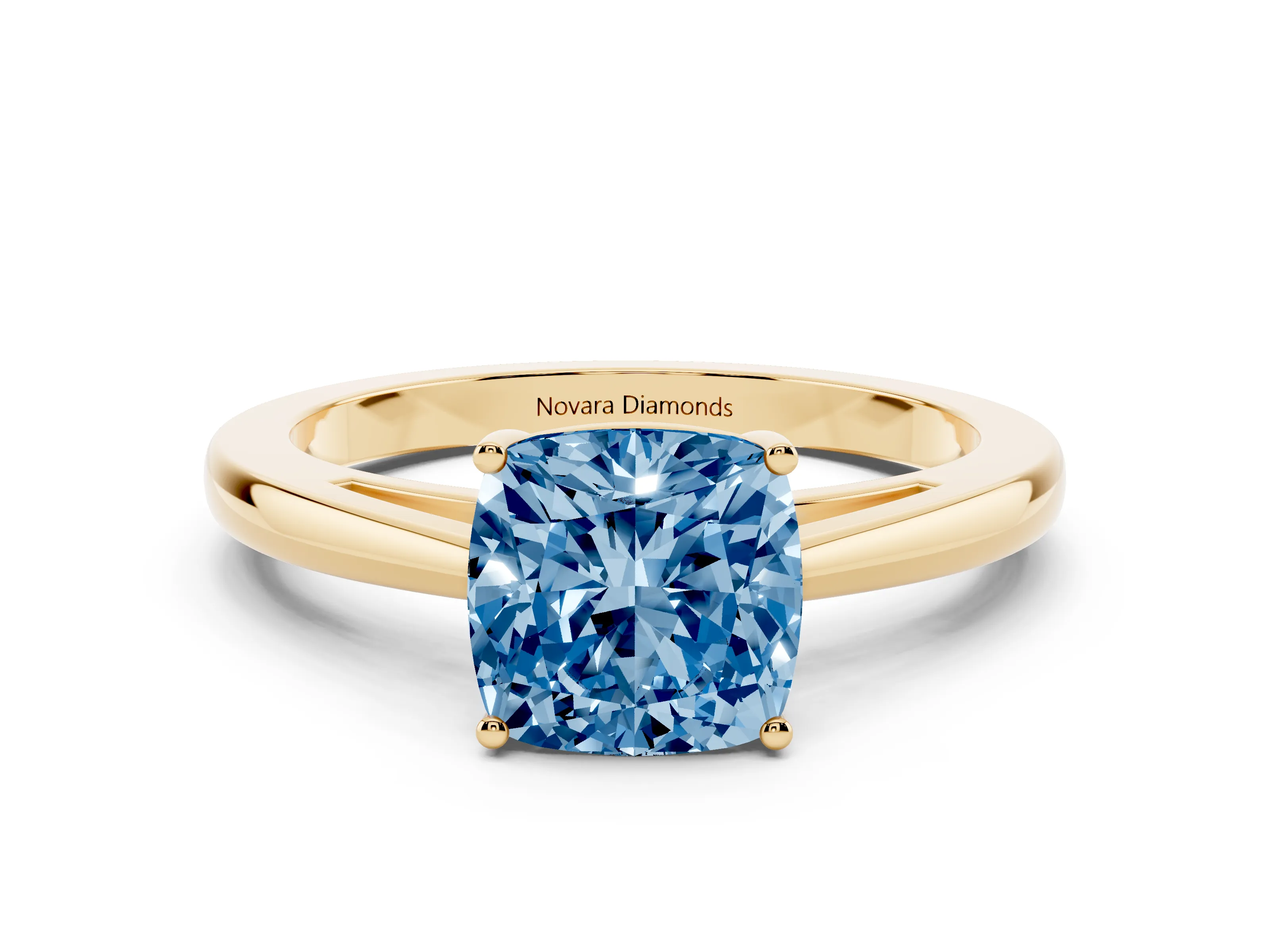 Fancy Blue Cushion Cut Diamond Solitaire Ring Set in Yellow gold with Split Shank and Prong Setting