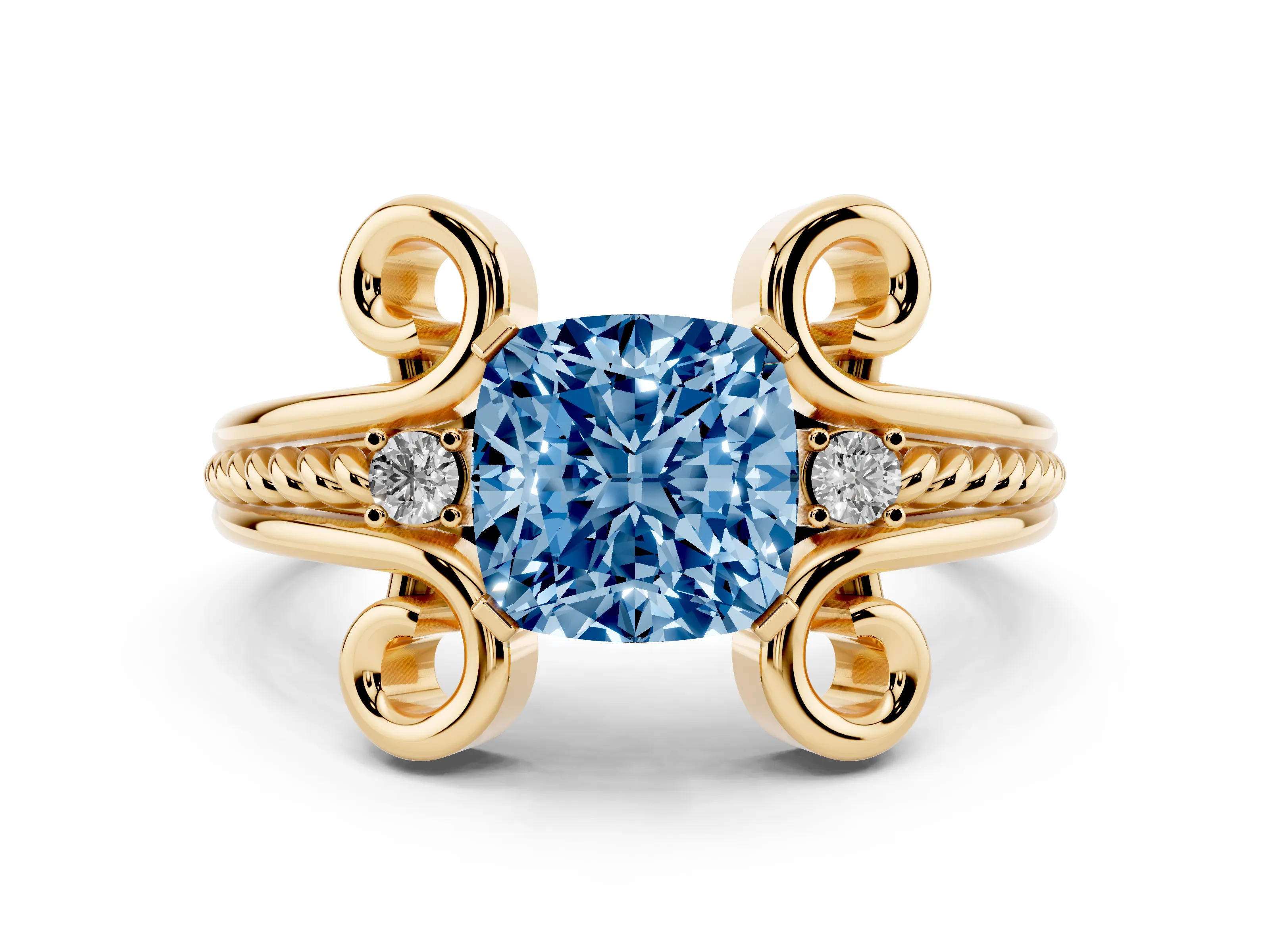 Fancy Blue Cushion Cut Diamond Twisted Band Solitaire Ring Set in Yellow gold with Scroll Prongs