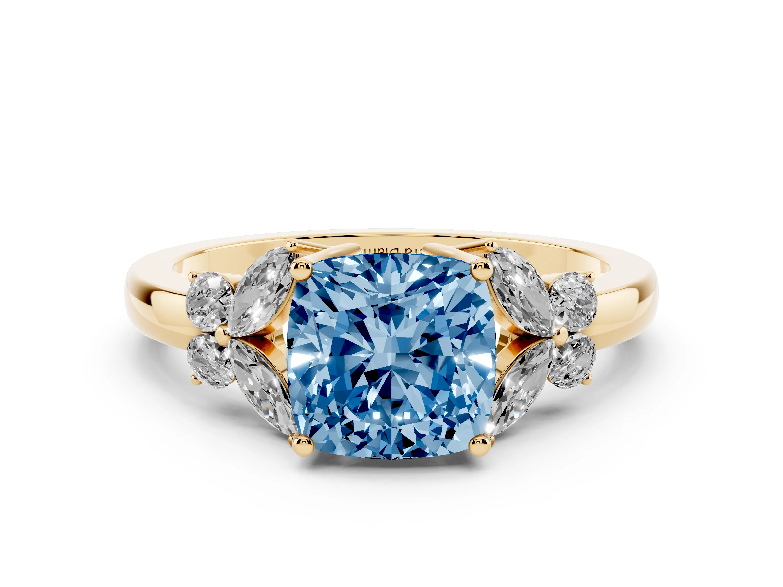 Fancy Blue Cushion Cut Diamond Solitaire Floral Ring Set in Yellow gold with Marquise Petals and Prong Setting