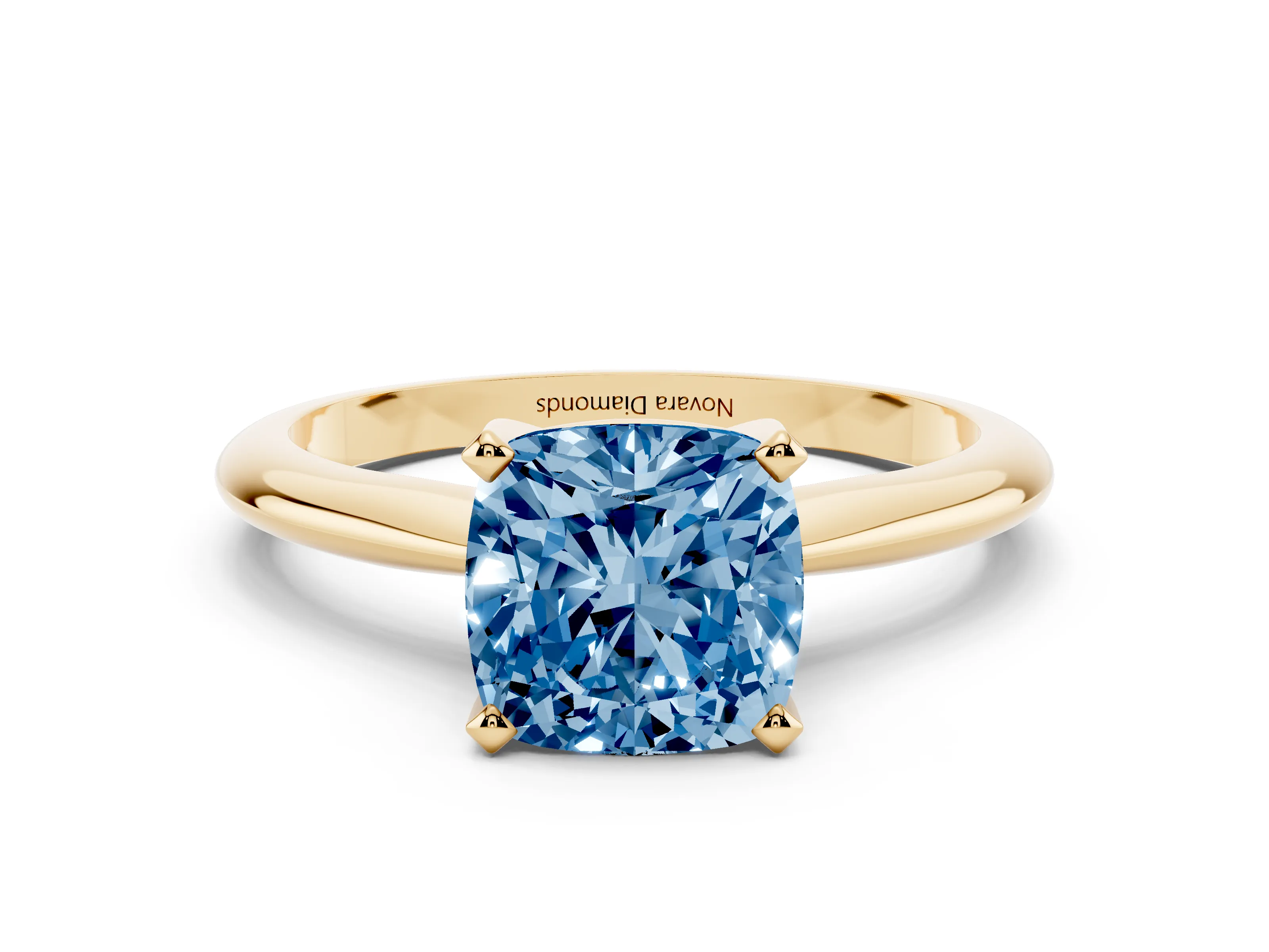 Fancy Blue Cushion Cut Diamond Solitaire Ring Set in Yellow gold with Prong Setting on a Plain Round Band