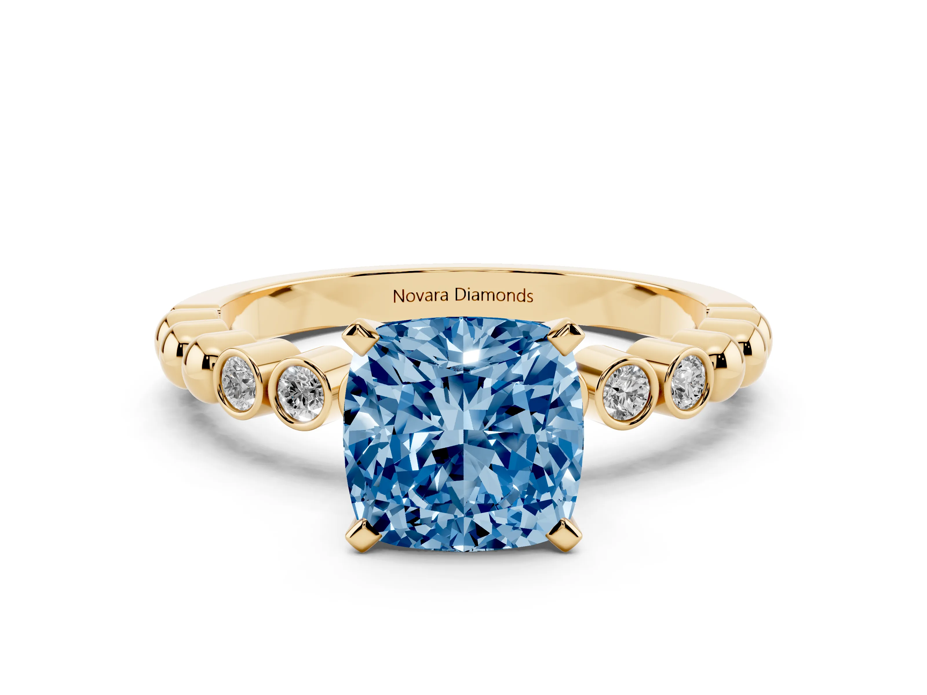 Fancy Blue Cushion Cut Diamond Solitaire Engagement Ring Set in Yellow gold with Bezel Accents on Beaded Band