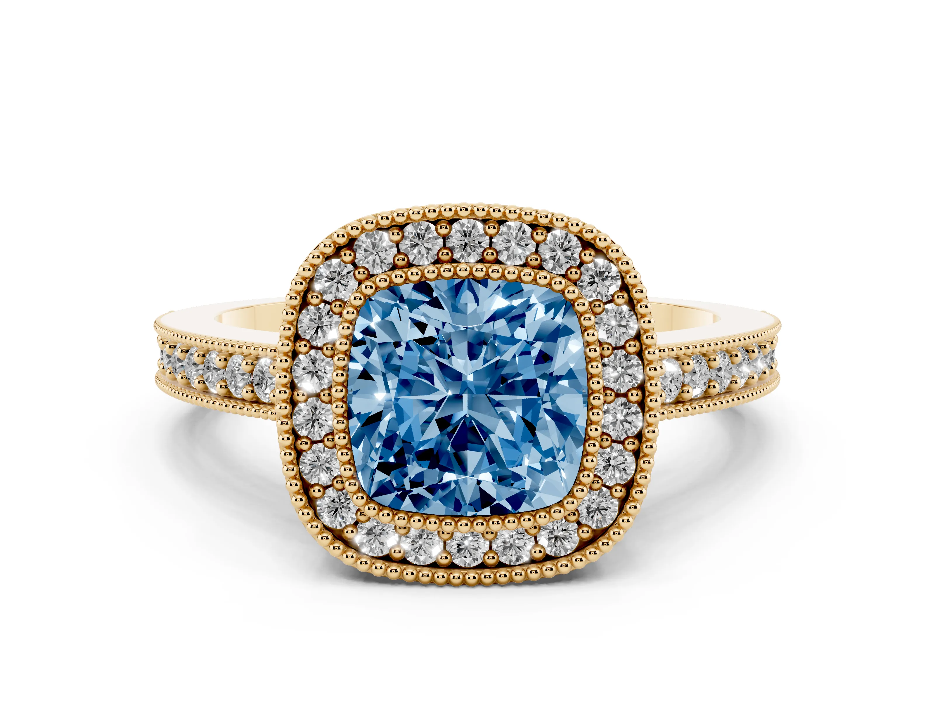 Fancy Blue Cushion Cut Diamond Halo Engagement Ring Set in Yellow gold with Pavé Band and Round Halo Stones