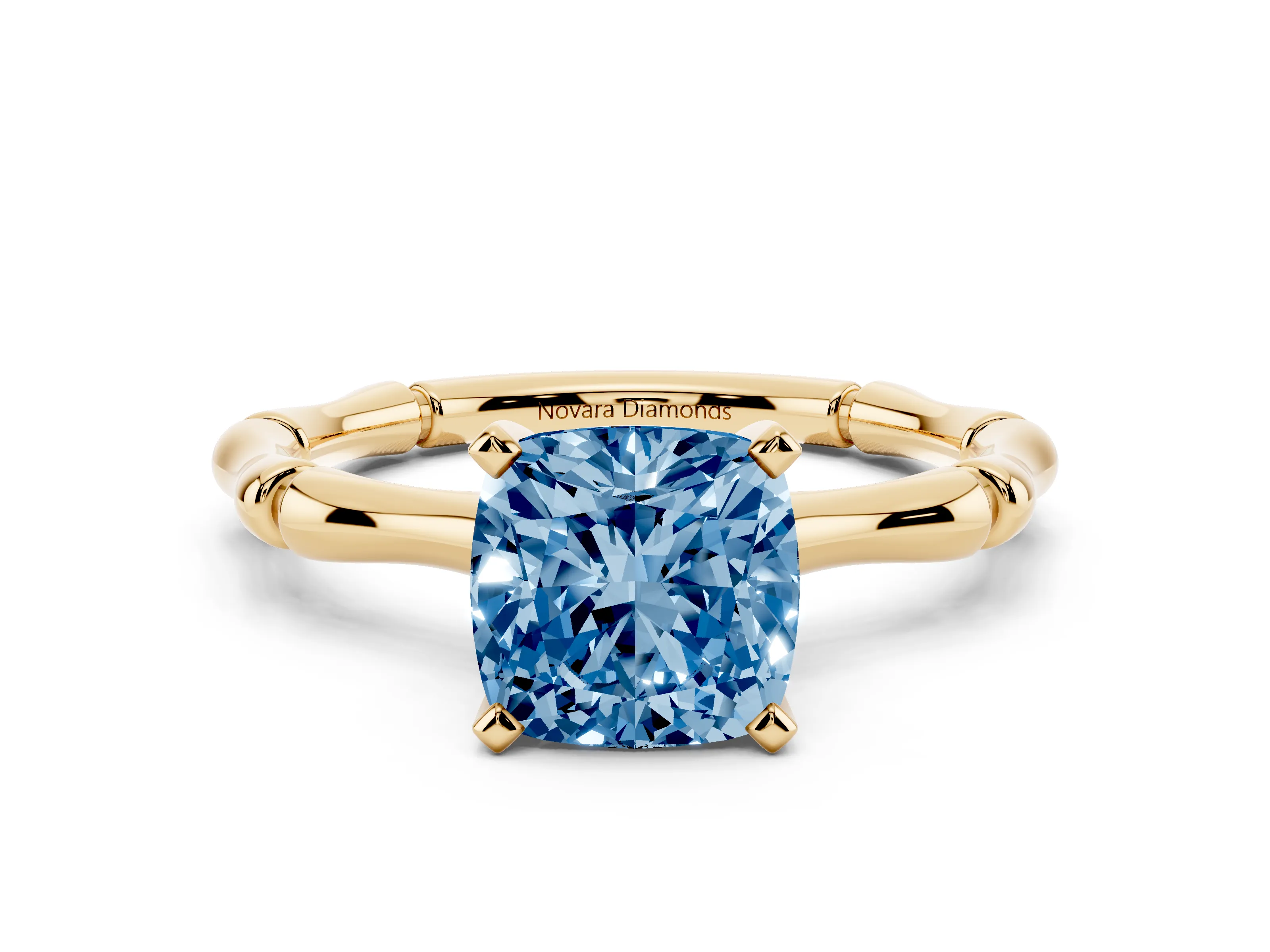 Fancy Blue Cushion Cut Diamond Solitaire Ring Set in Yellow gold with Bamboo Band and Prong Setting