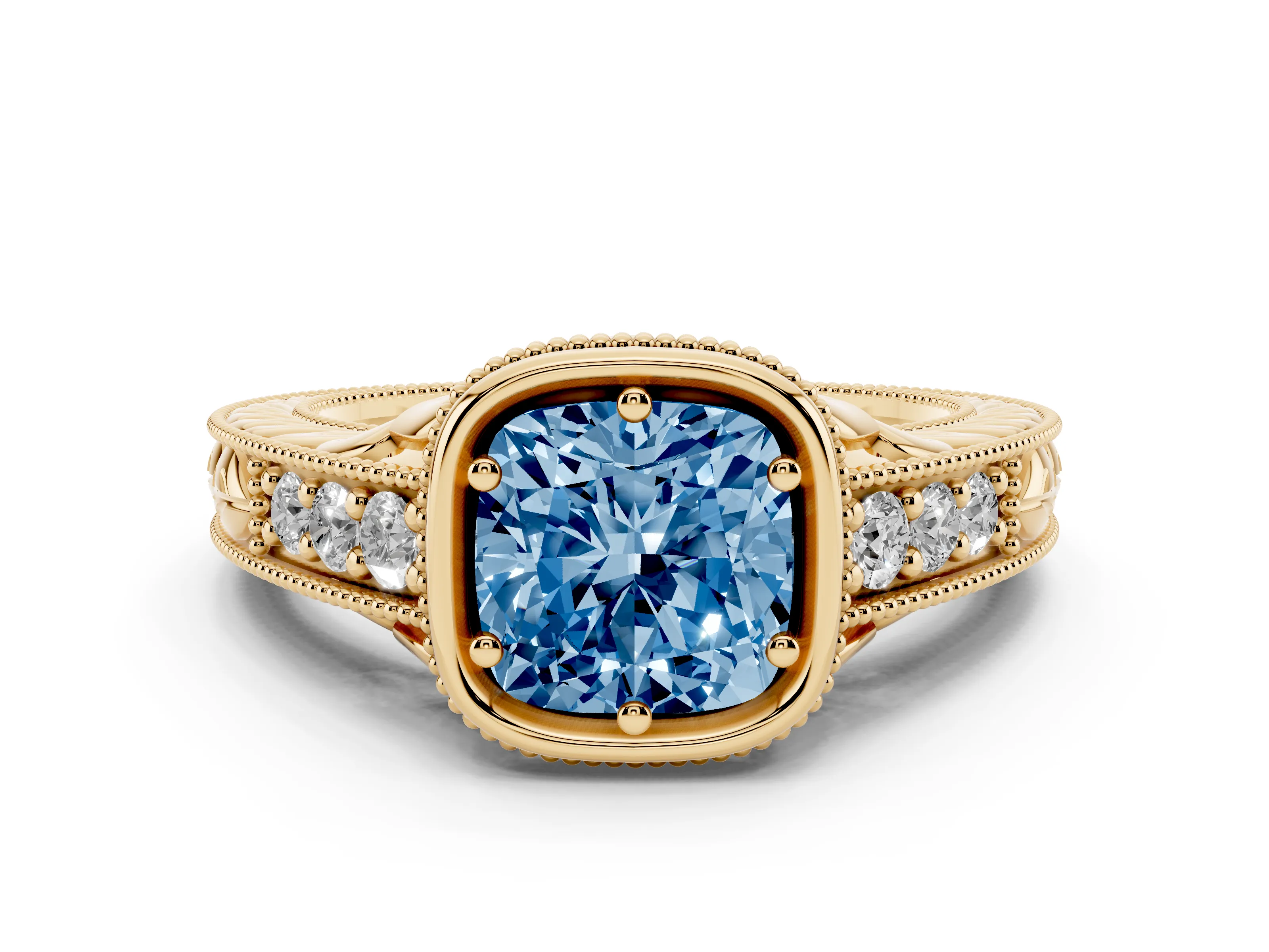 Fancy Blue Bezel Set Cushion Cut Diamond Milgrain Pavé Engagement Ring Set in Yellow gold