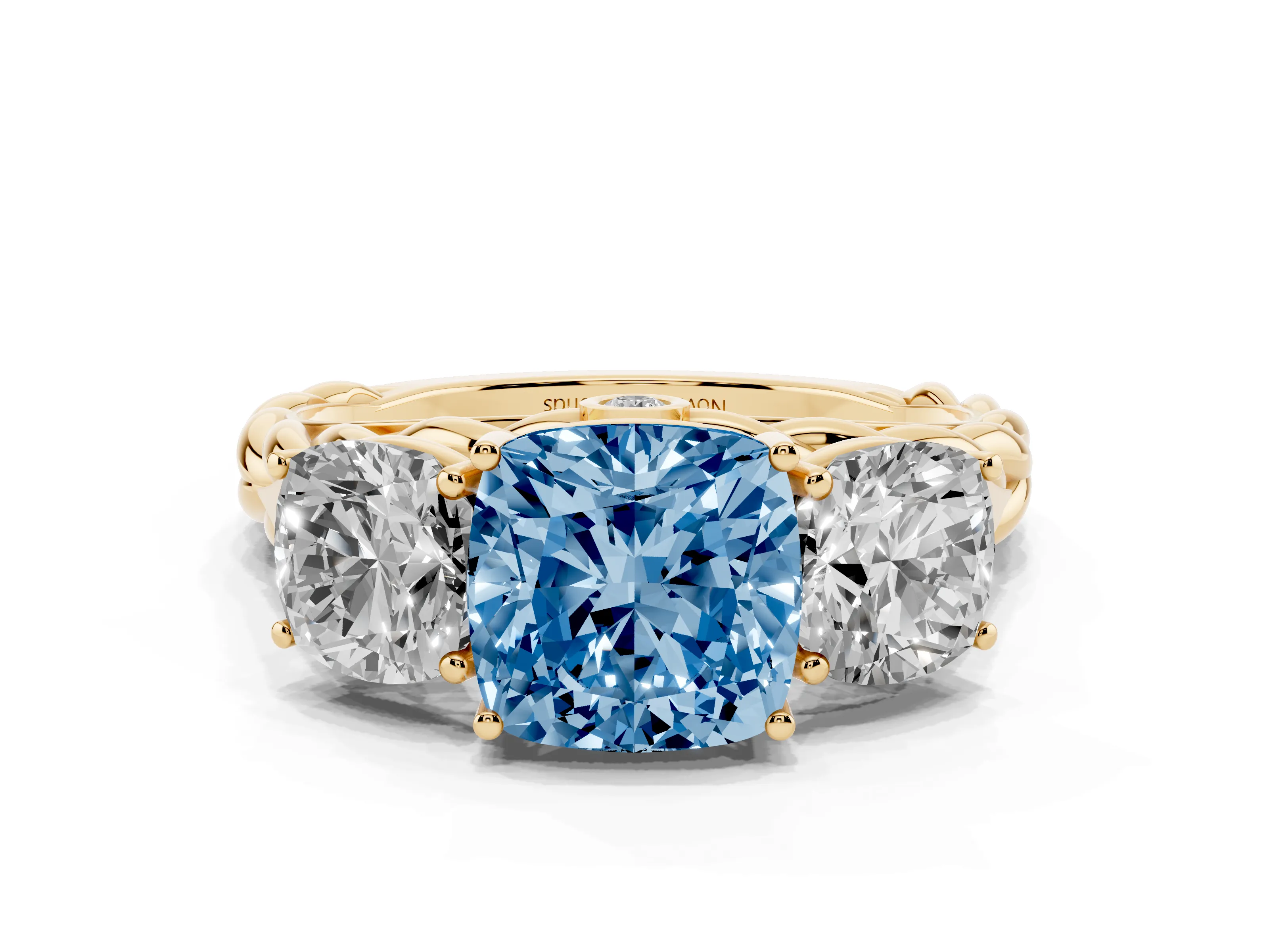 Fancy Blue Cushion Cut Diamond Three-Stone Ring Set in Yellow gold with Braided Band