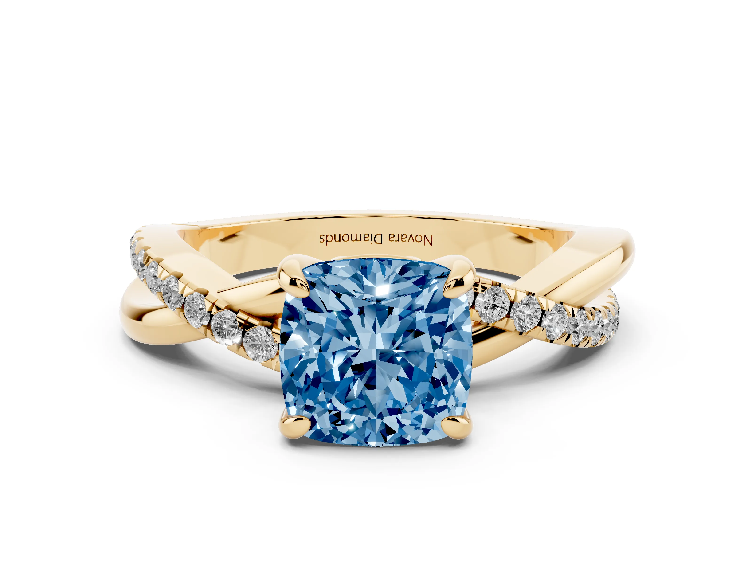 Fancy Blue Cushion Cut Diamond Twist Band Pavé Solitaire Ring Set in Yellow gold with Prong Setting