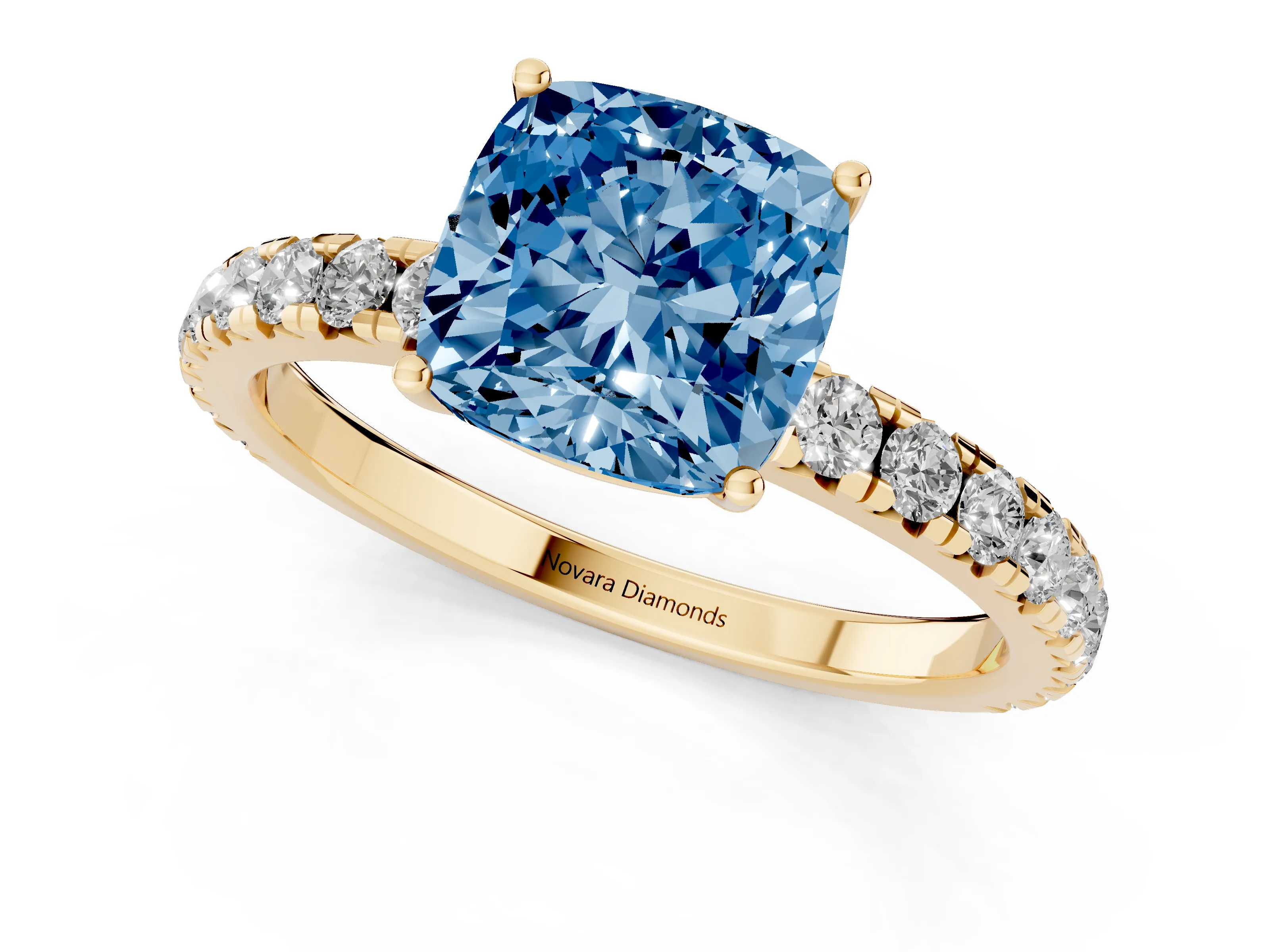 Fancy Blue Cushion Cut Diamond Pavé Solitaire Engagement Ring Set in Yellow gold with Prong Setting