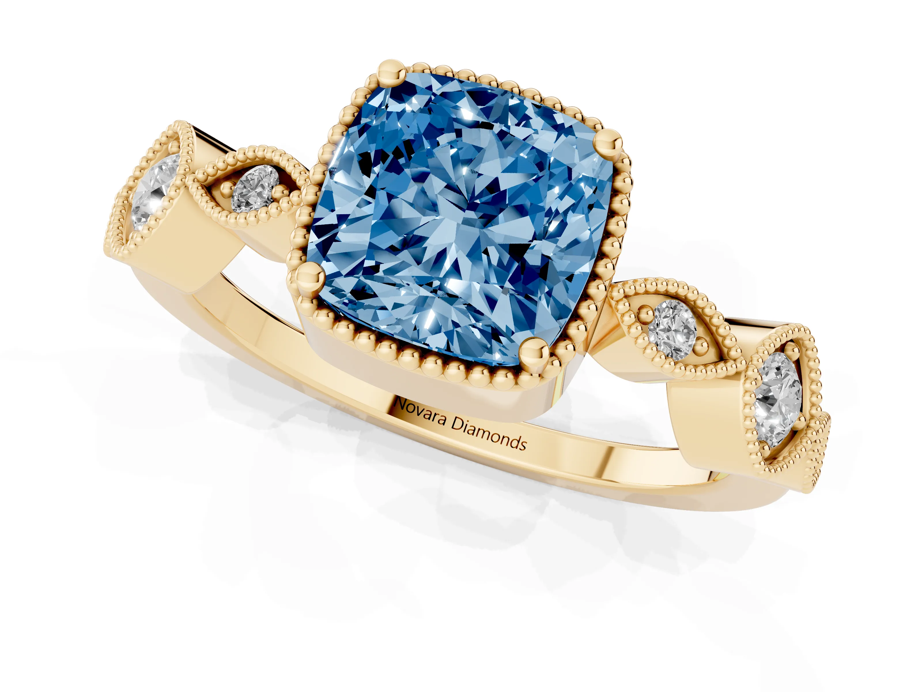 Fancy Blue Cushion Cut Diamond Vintage-Inspired Milgrain Ring Set in Yellow gold with Marquise Stations of Round Accents