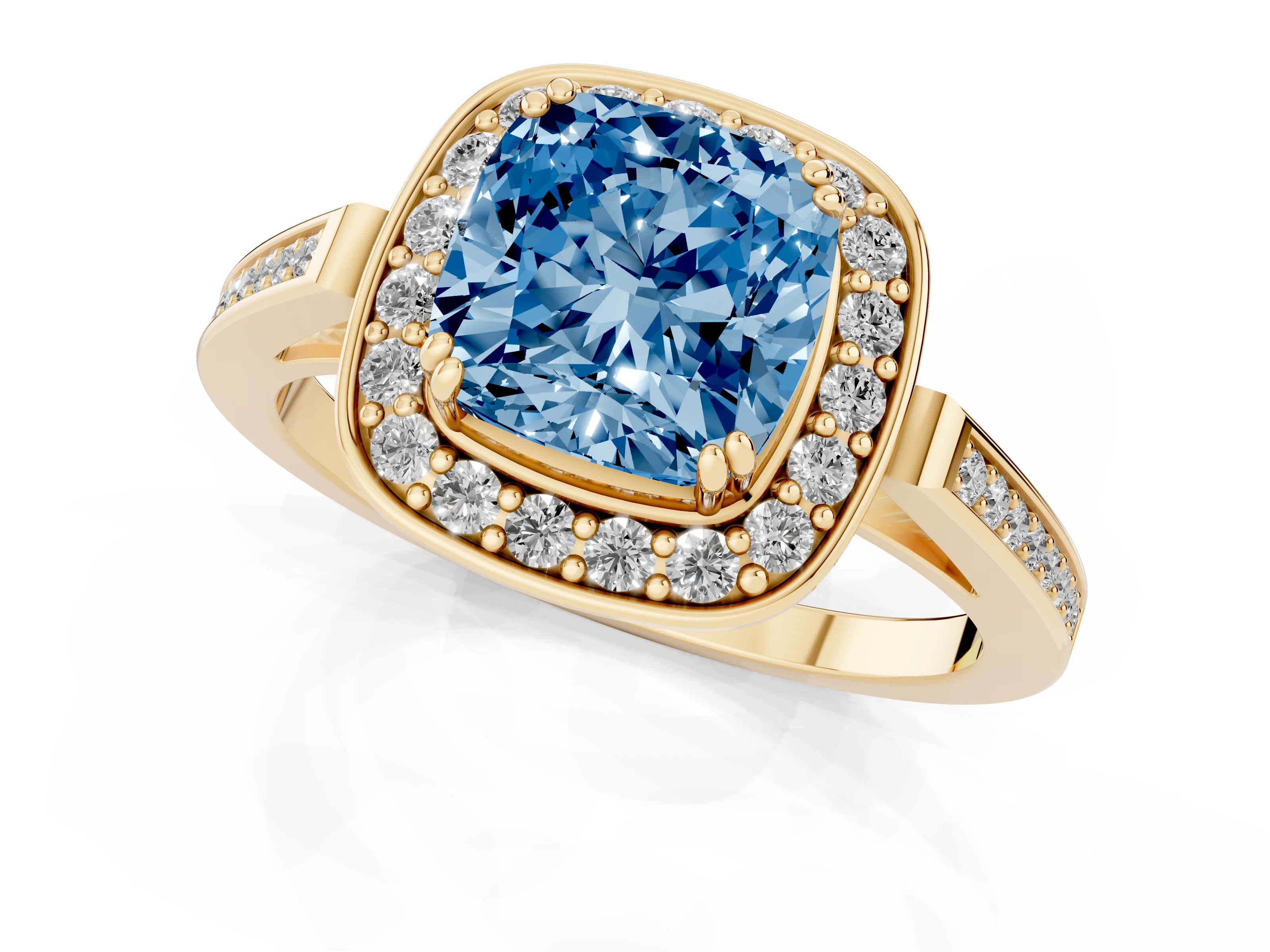 Fancy Blue Cushion Cut Diamond Halo Ring Set in Yellow gold with Accent-Lined Split Shank and Prong Setting