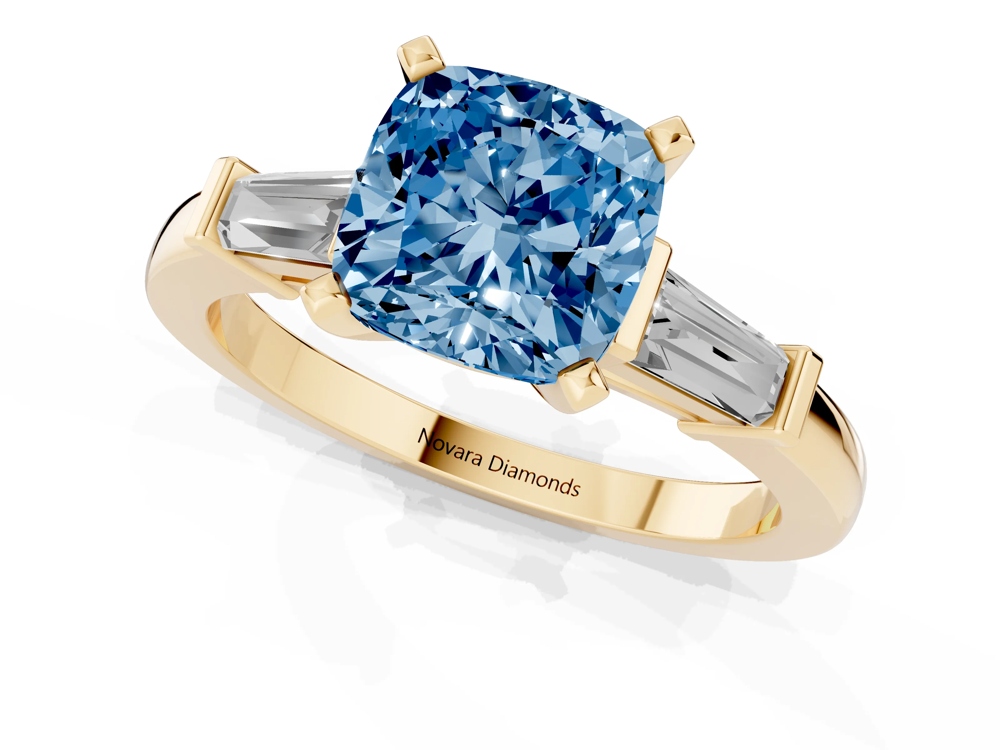 Fancy Blue Cushion Cut Diamond Solitaire Ring Set in Yellow gold with Tapered Baguette Accents and Prong Setting
