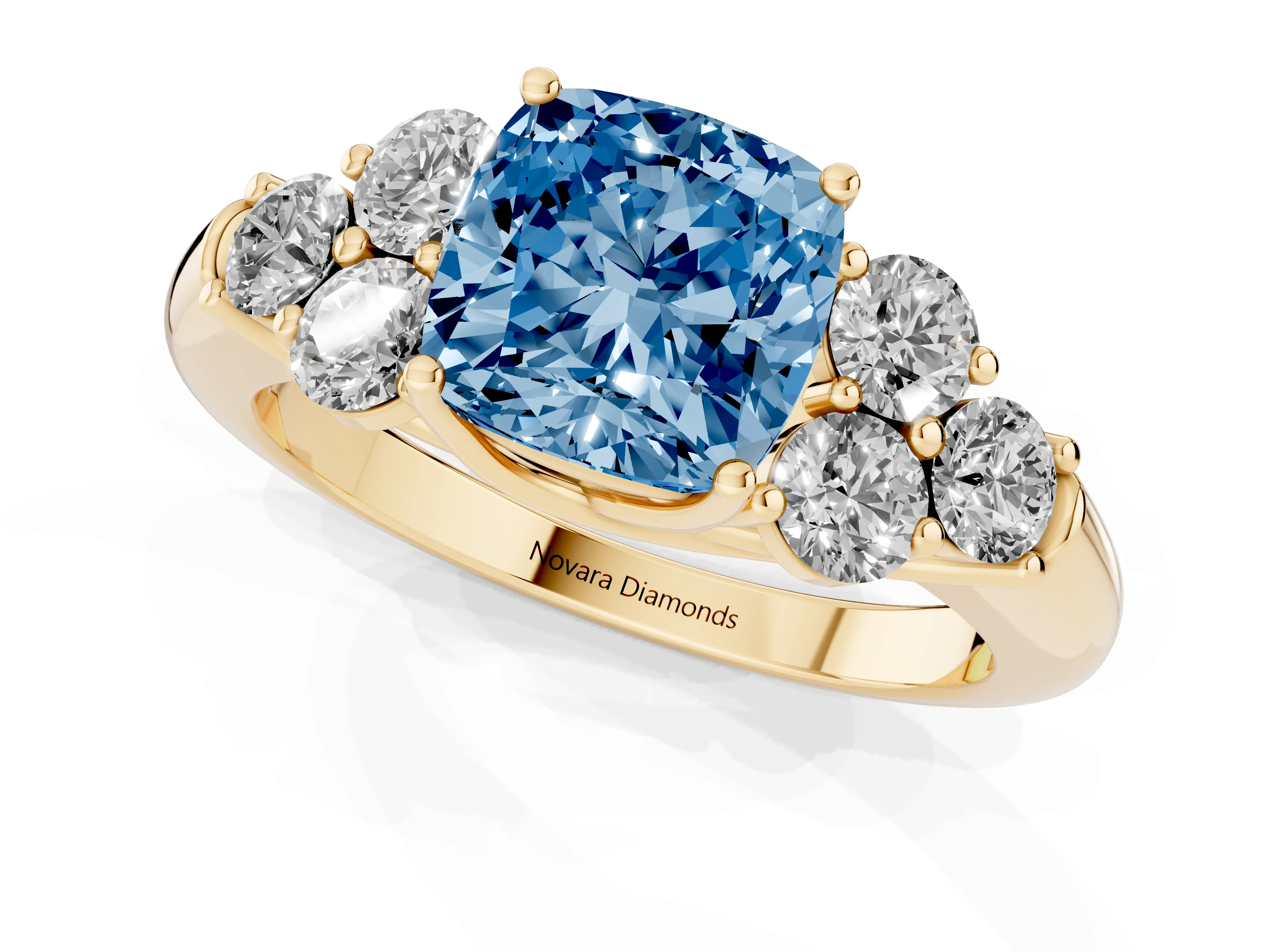 Fancy Blue Cushion Cut Diamond Cluster Ring Set in Yellow gold with Round Accent Stones and Prong Setting on a Plain Band