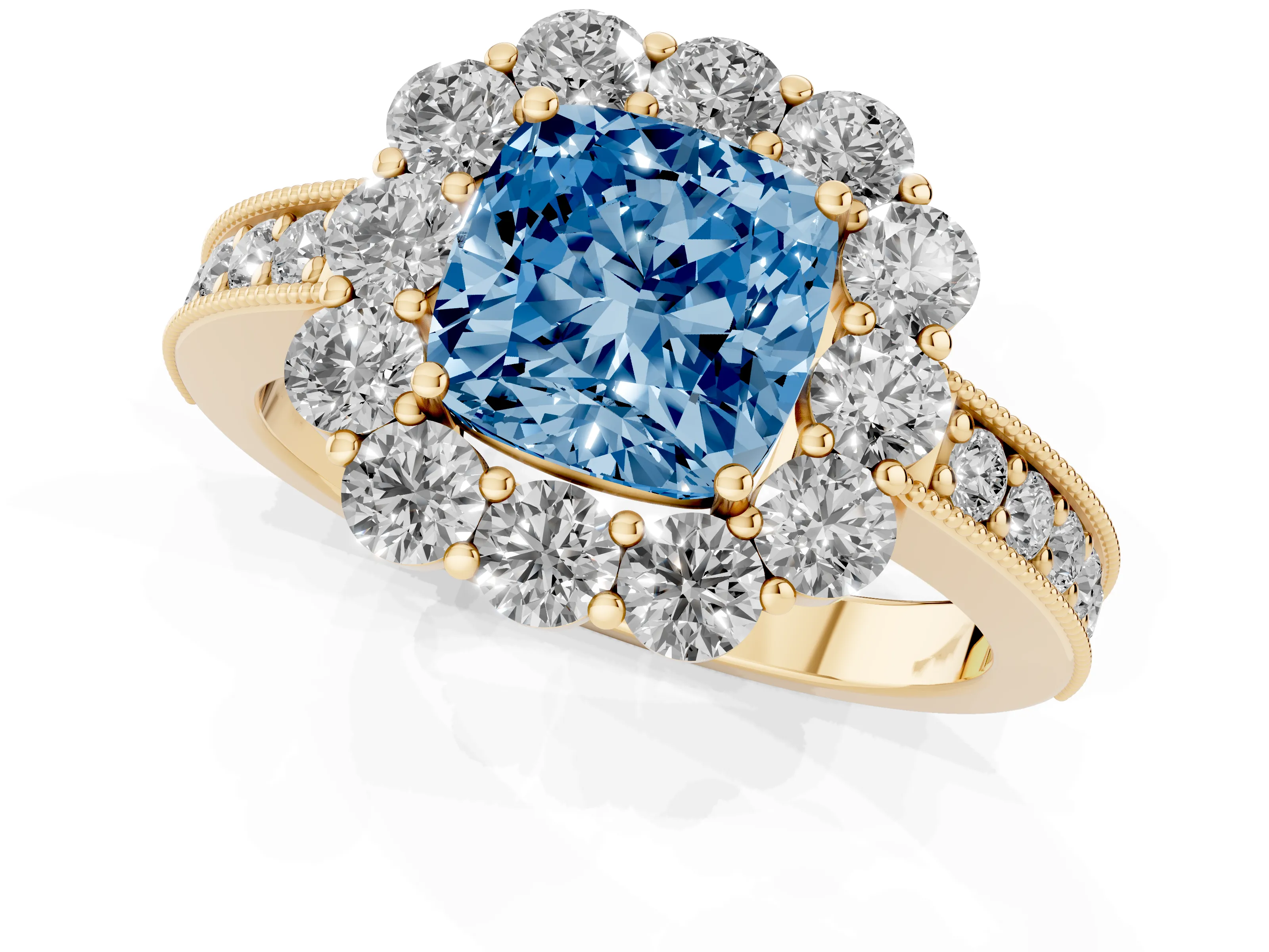 Fancy Blue Cushion Cut Diamond Halo Pavé Engagement Ring Set in Yellow gold with Milgrain Detailing
