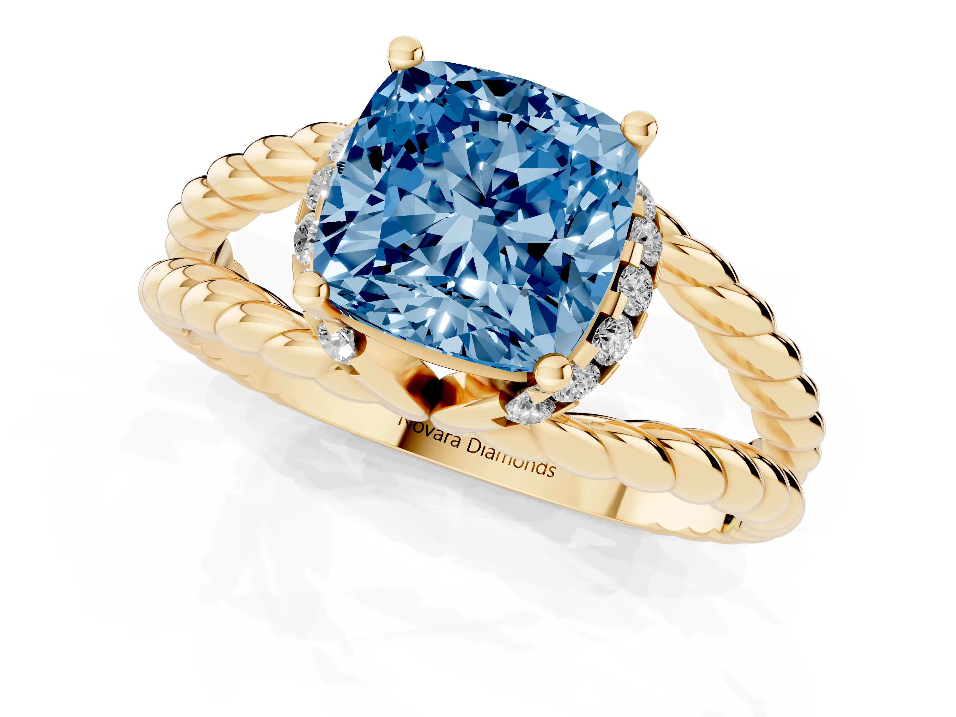 Fancy Blue Cushion Cut Diamond Halo Ring Set in Yellow gold with Twisted Band and Prong Setting