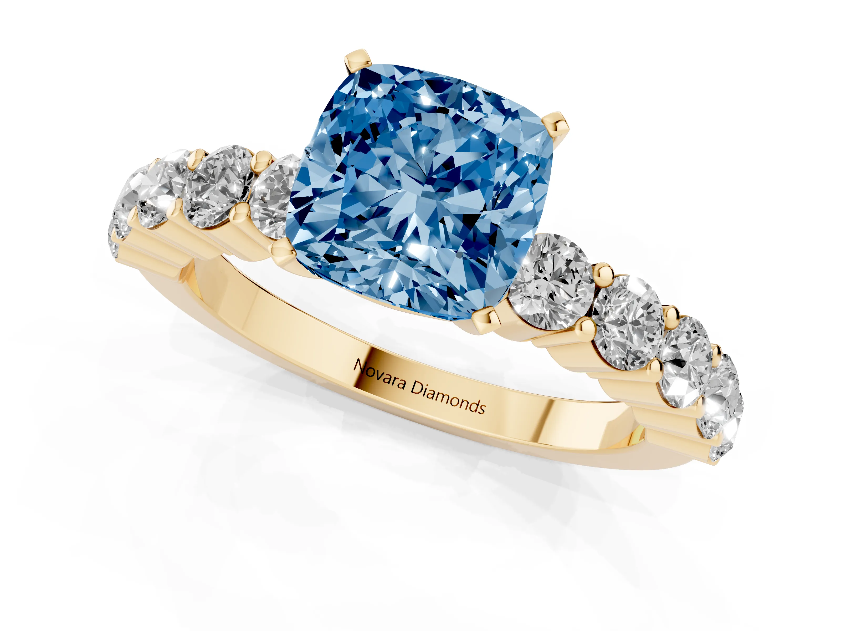Fancy Blue Cushion Cut Diamond Solitaire Ring Set in Yellow gold with Shared Prong Round Side Stones