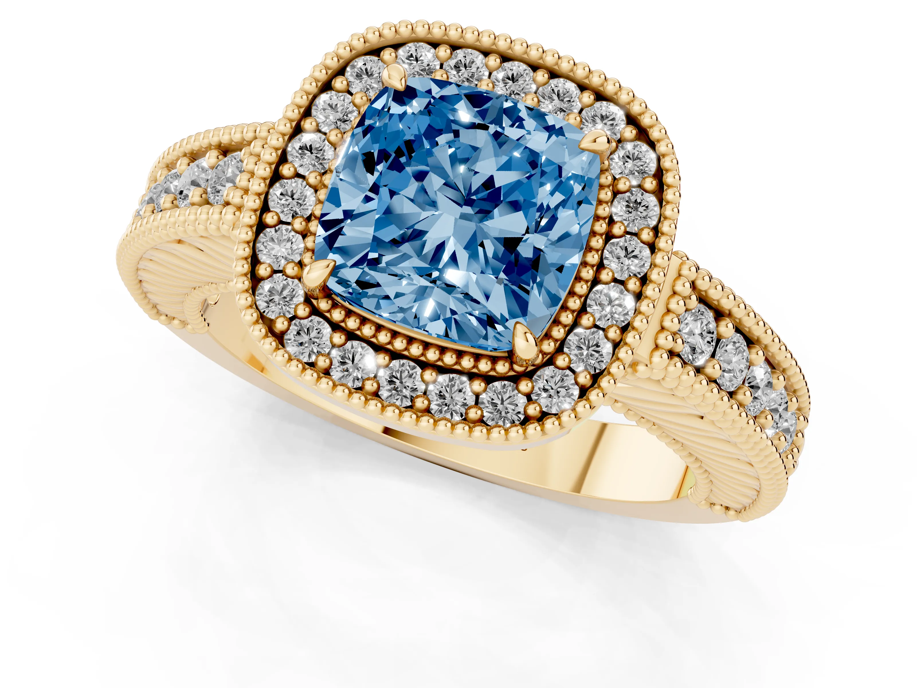 Fancy Blue Cushion Cut Diamond Halo Ring Set in Yellow gold with Round Accent Halo, Pavé Band and Prong Setting
