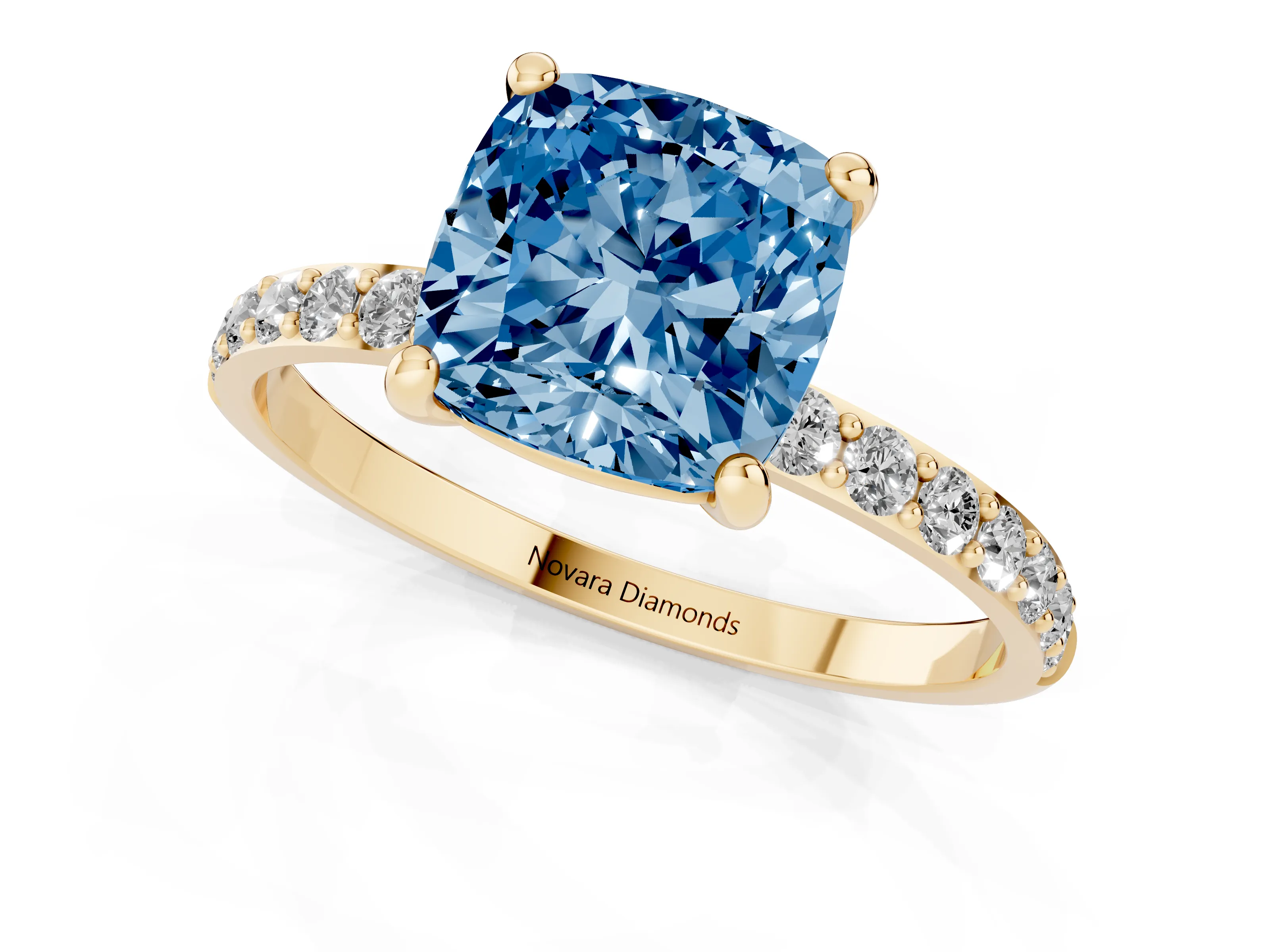 Fancy Blue Cushion Cut Diamond Solitaire Ring Set in Yellow gold with Round Pavé Band and Prong Setting