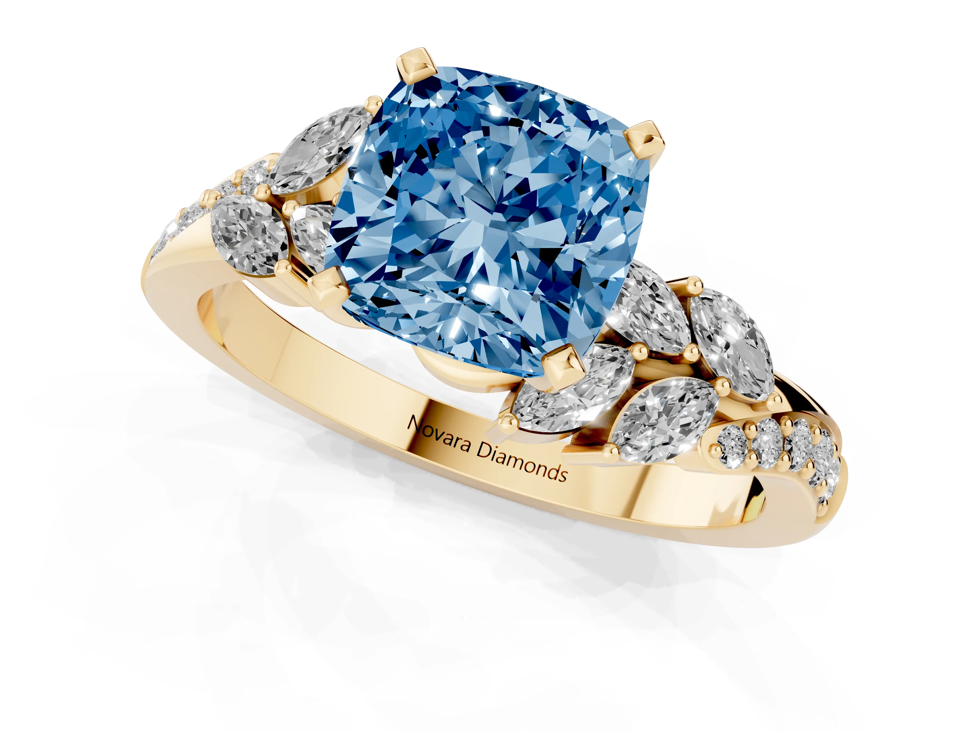 Fancy Blue Cushion Cut Diamond Solitaire Ring Set in Yellow gold with Marquise Twist Band and Prong Setting