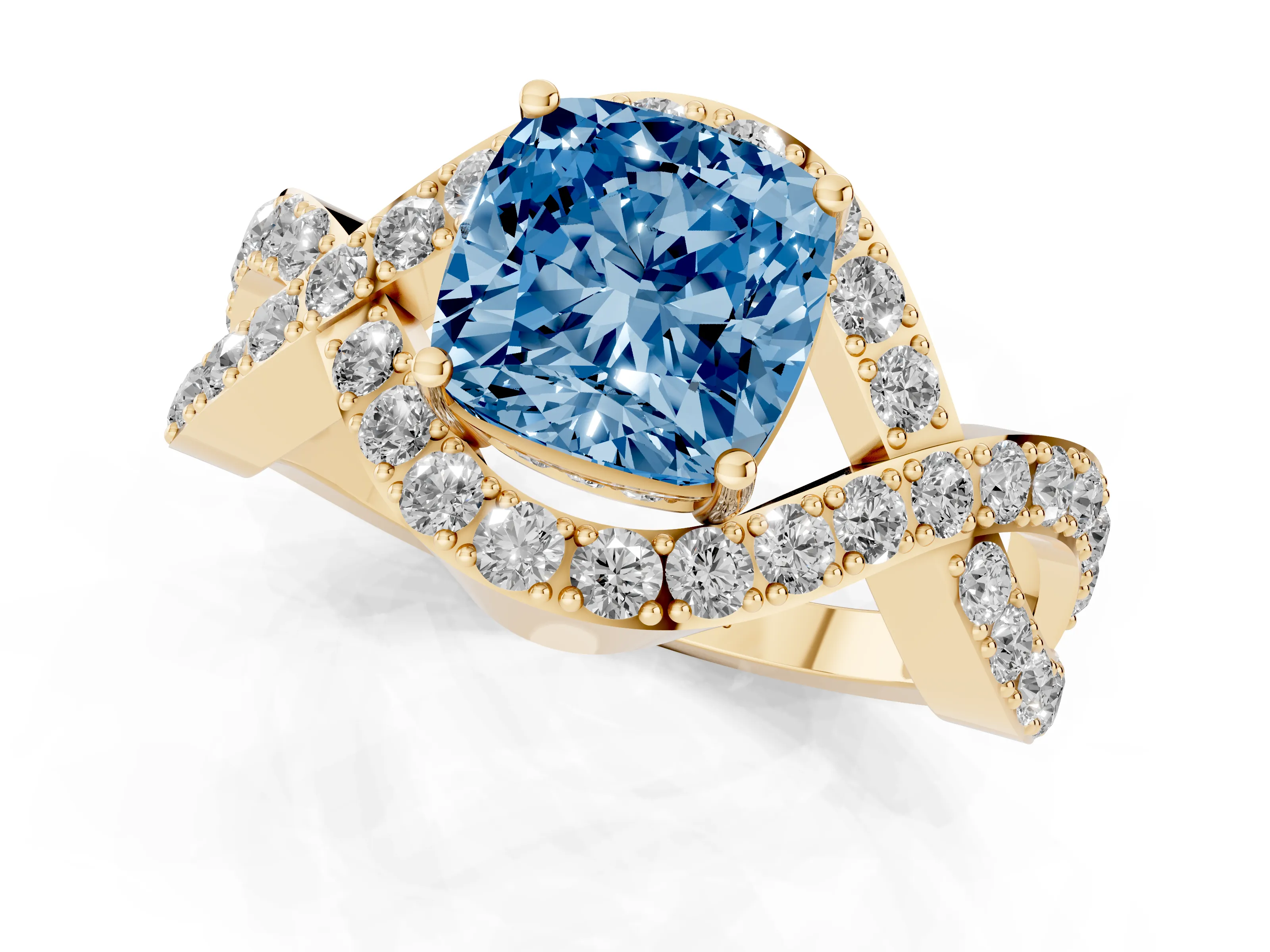 Fancy Blue Cushion Cut Diamond Solitaire Twist Band Pavé Engagement Ring Set in Yellow gold