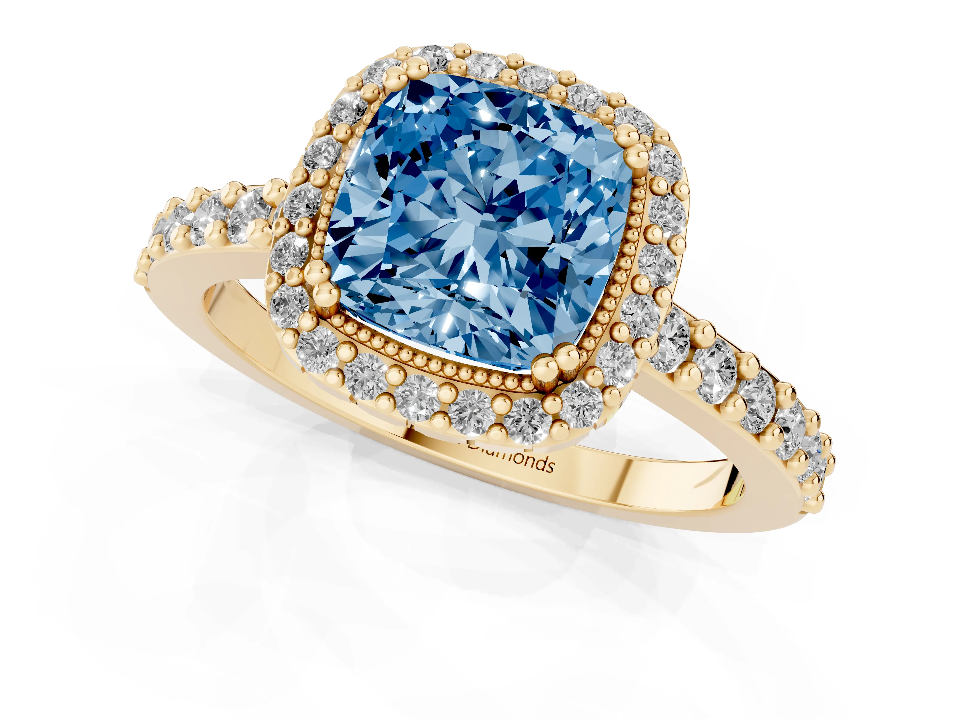 Fancy Blue Cushion Cut Diamond Halo Engagement Ring Set in Yellow gold with Milgrain Detail and Pavé Band