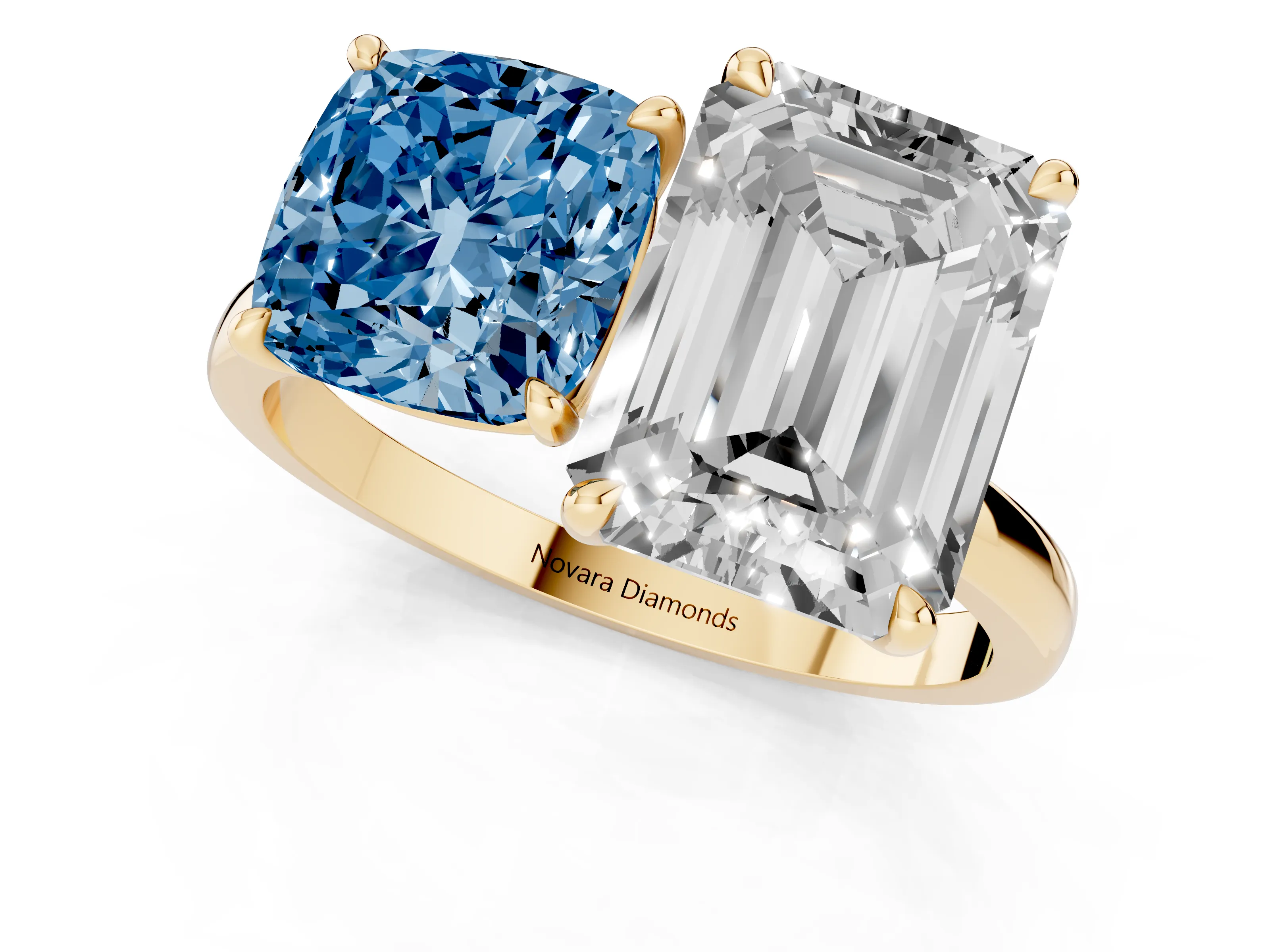 Fancy Blue Cushion Cut and Emerald Cut Toi Moi Ring Set in Yellow gold with Prong Setting