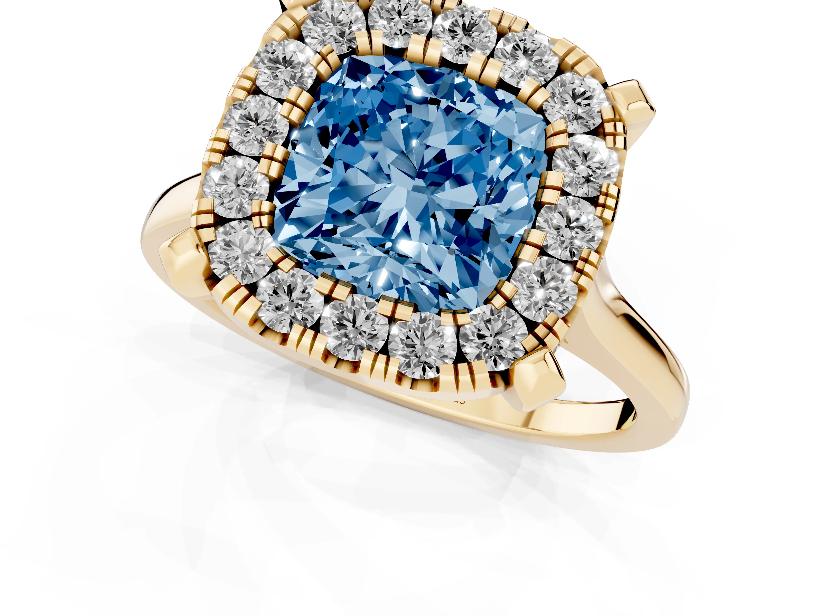 Fancy Blue Cushion Cut Diamond Cluster Halo Solitaire Ring Set in Yellow gold with Prong Setting