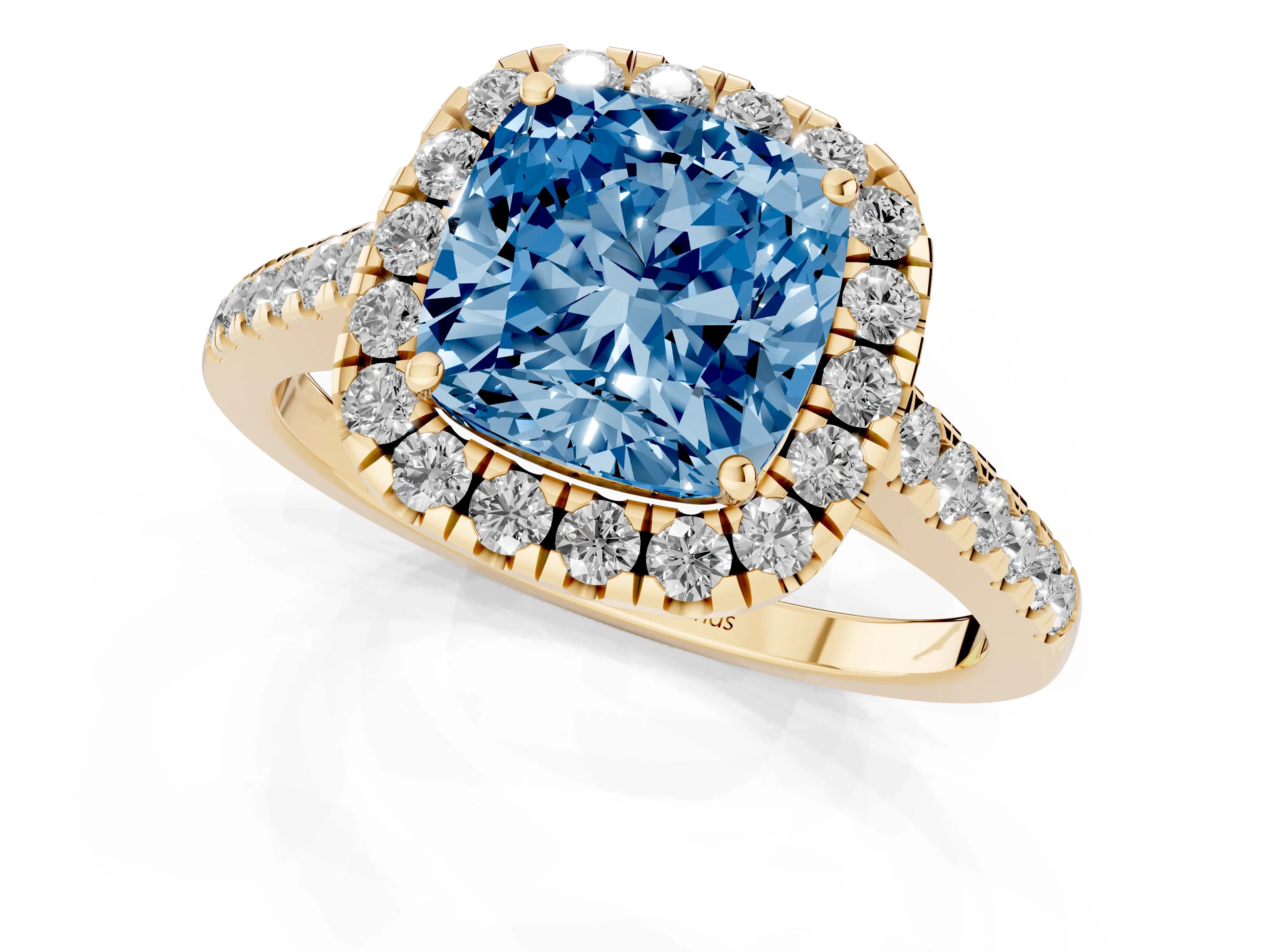 Fancy Blue Cushion Cut Diamond Halo Pavé Engagement Ring Set in Yellow gold with Prong Setting
