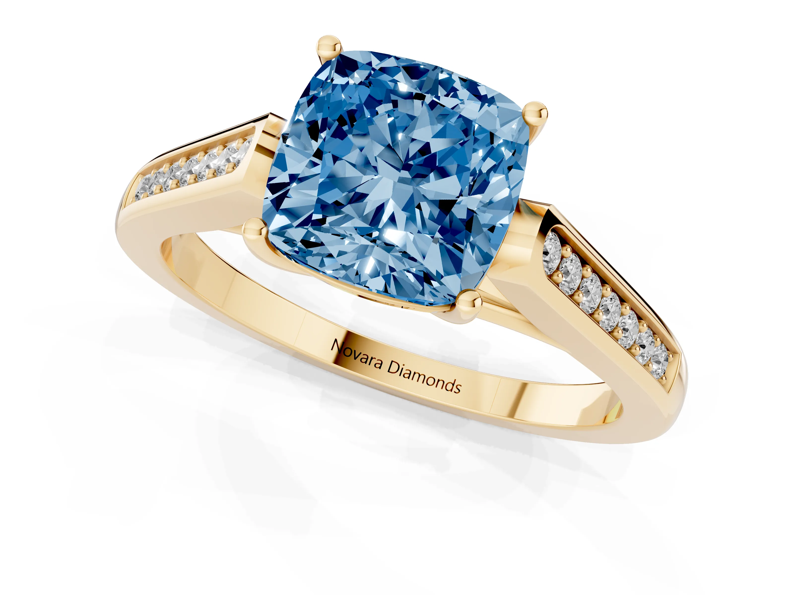 Fancy Blue Cushion Cut Diamond Solitaire Cathedral Engagement Ring Set in Yellow gold with Channel-Set Band and Prong Setting
