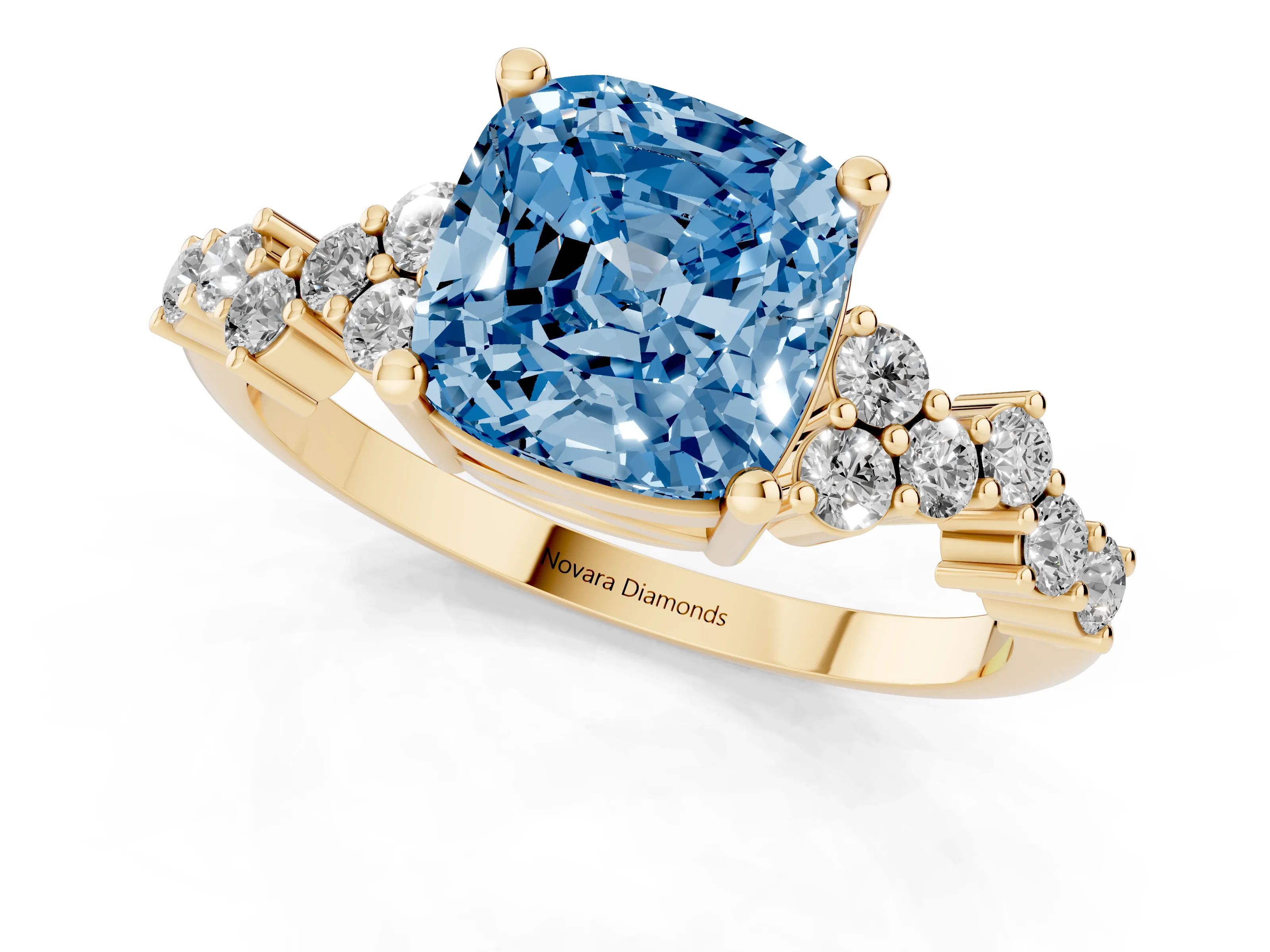 Fancy Blue Cushion Cut Diamond Ring Set in Yellow gold with Scattered Round Accents