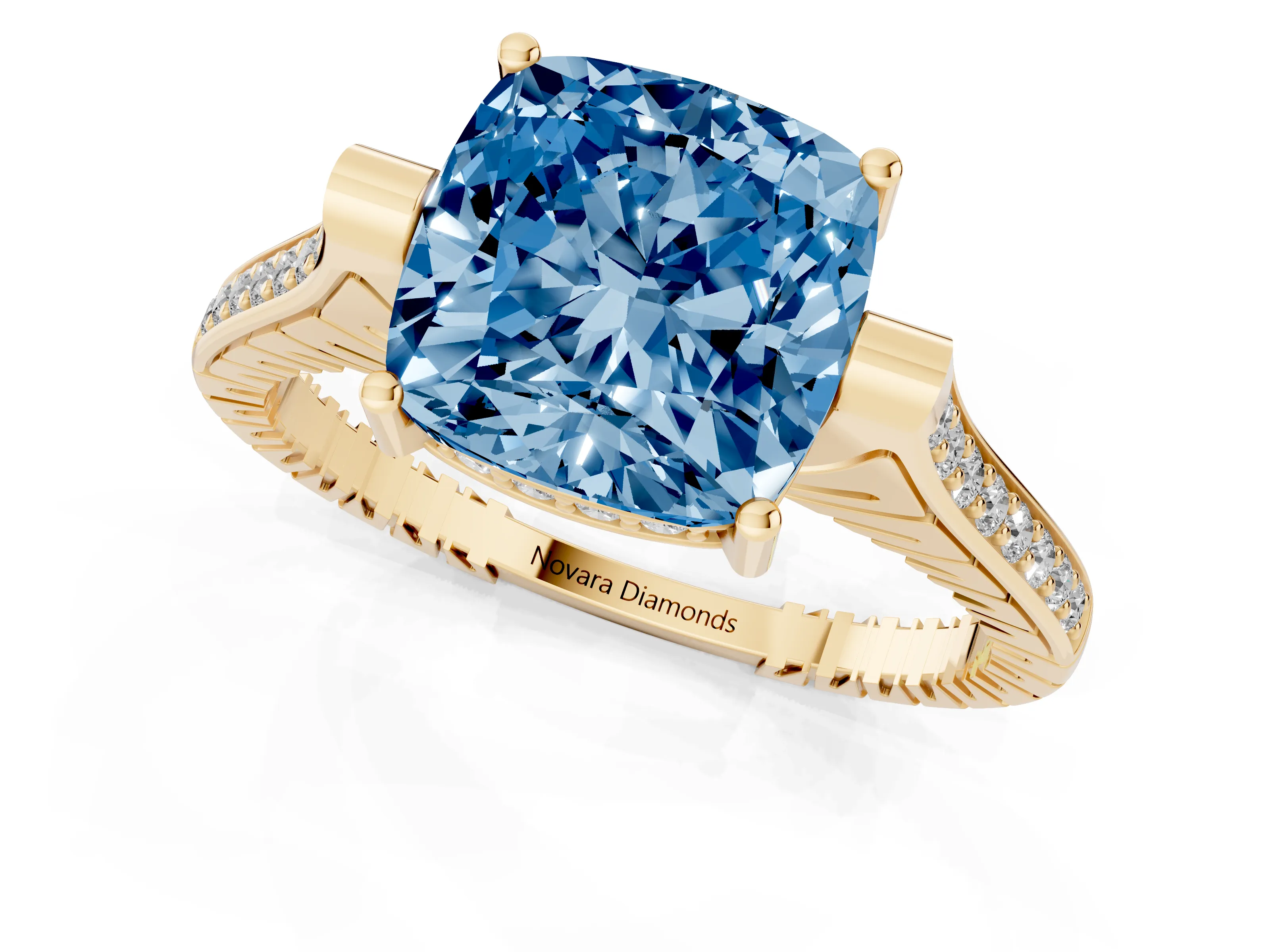 Fancy Blue Cushion Cut Diamond Solitaire Ring Set in Yellow gold with Channel Set Band and Bezel Prong Setting