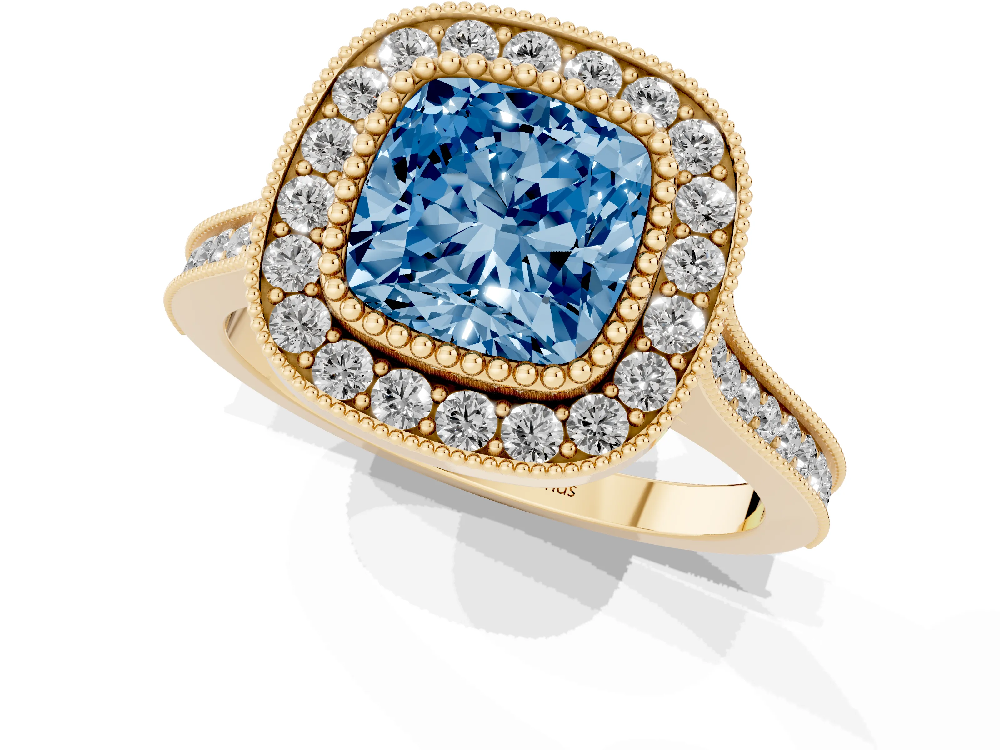 Fancy Blue Cushion Cut Diamond Halo Ring Set in Yellow gold with Milgrain Frame and Pavé Band