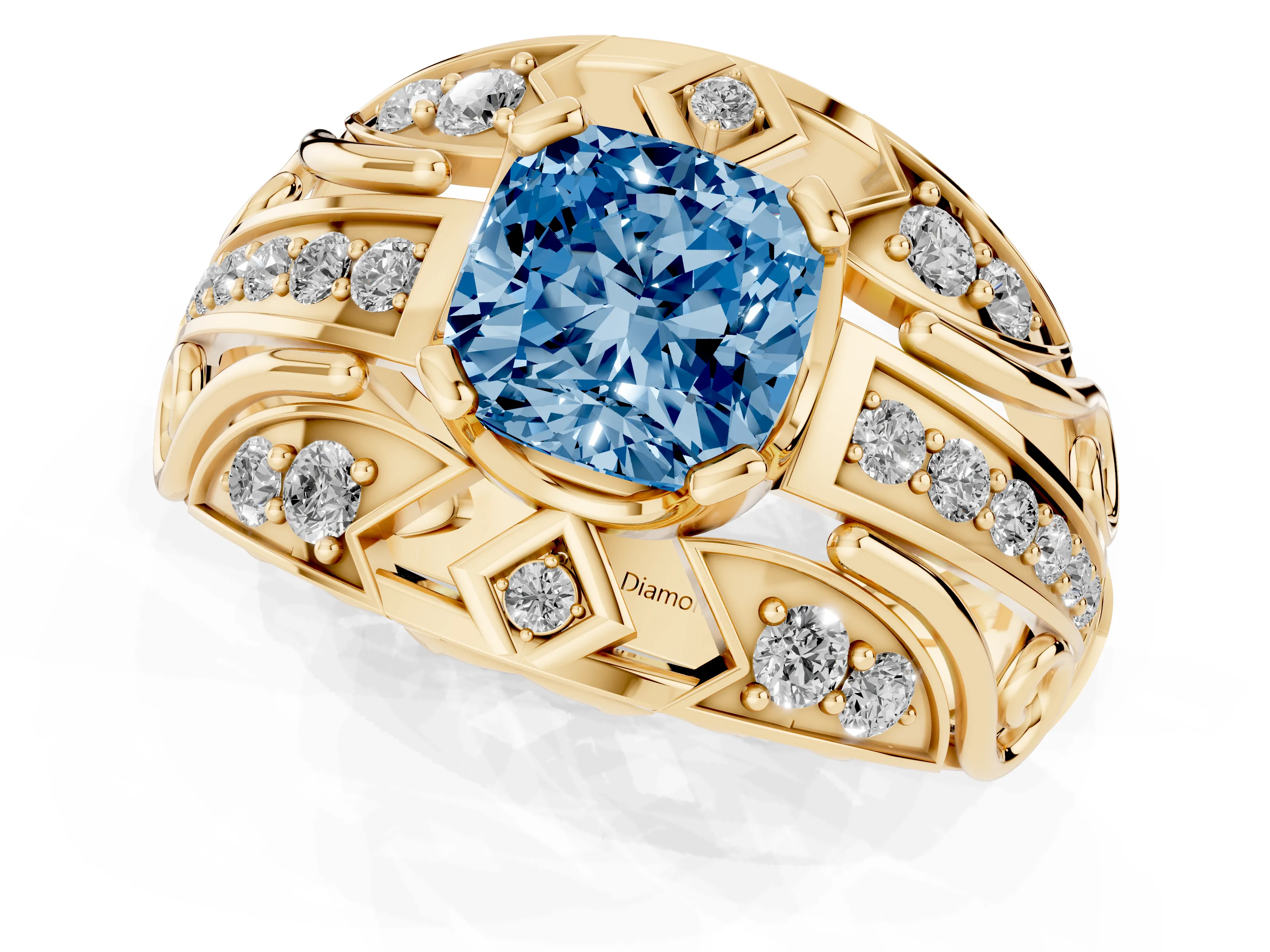Fancy Blue Cushion Cut Diamond Art Deco Ring Set in Yellow gold with Pavé Split Shank