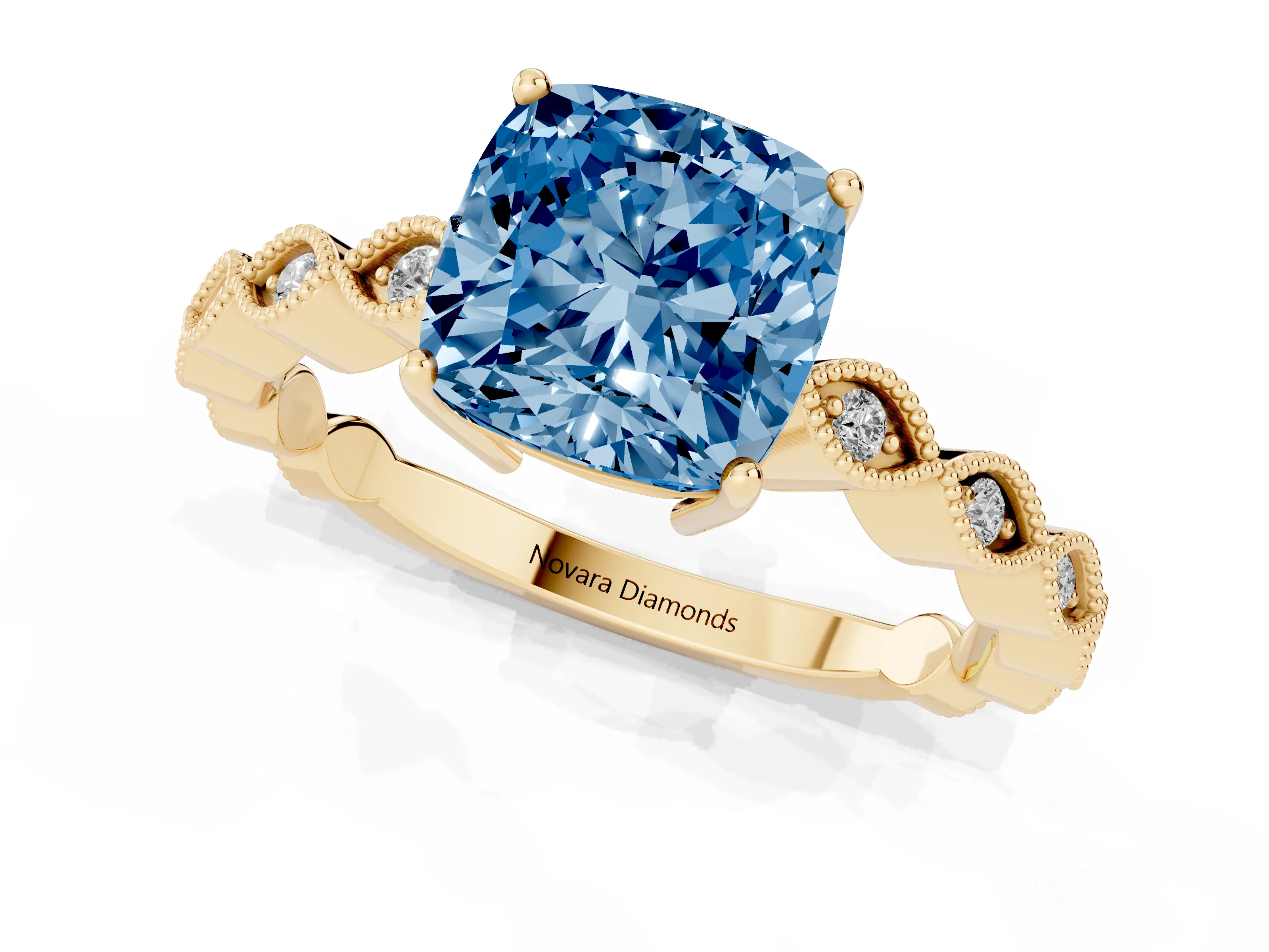 Fancy Blue Cushion Cut Diamond Solitaire Ring Set in Yellow gold with Infinity Twist Pavé Band