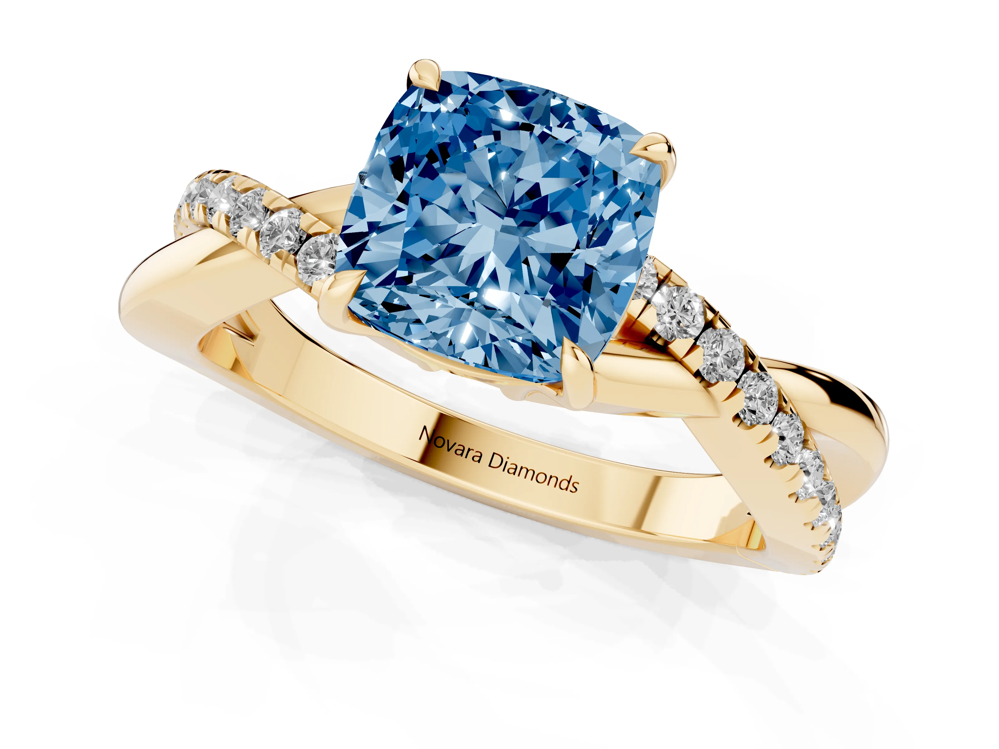 Fancy Blue Cushion Cut Diamond Twisted Pavé Band Ring Set in Yellow gold with Prong Setting
