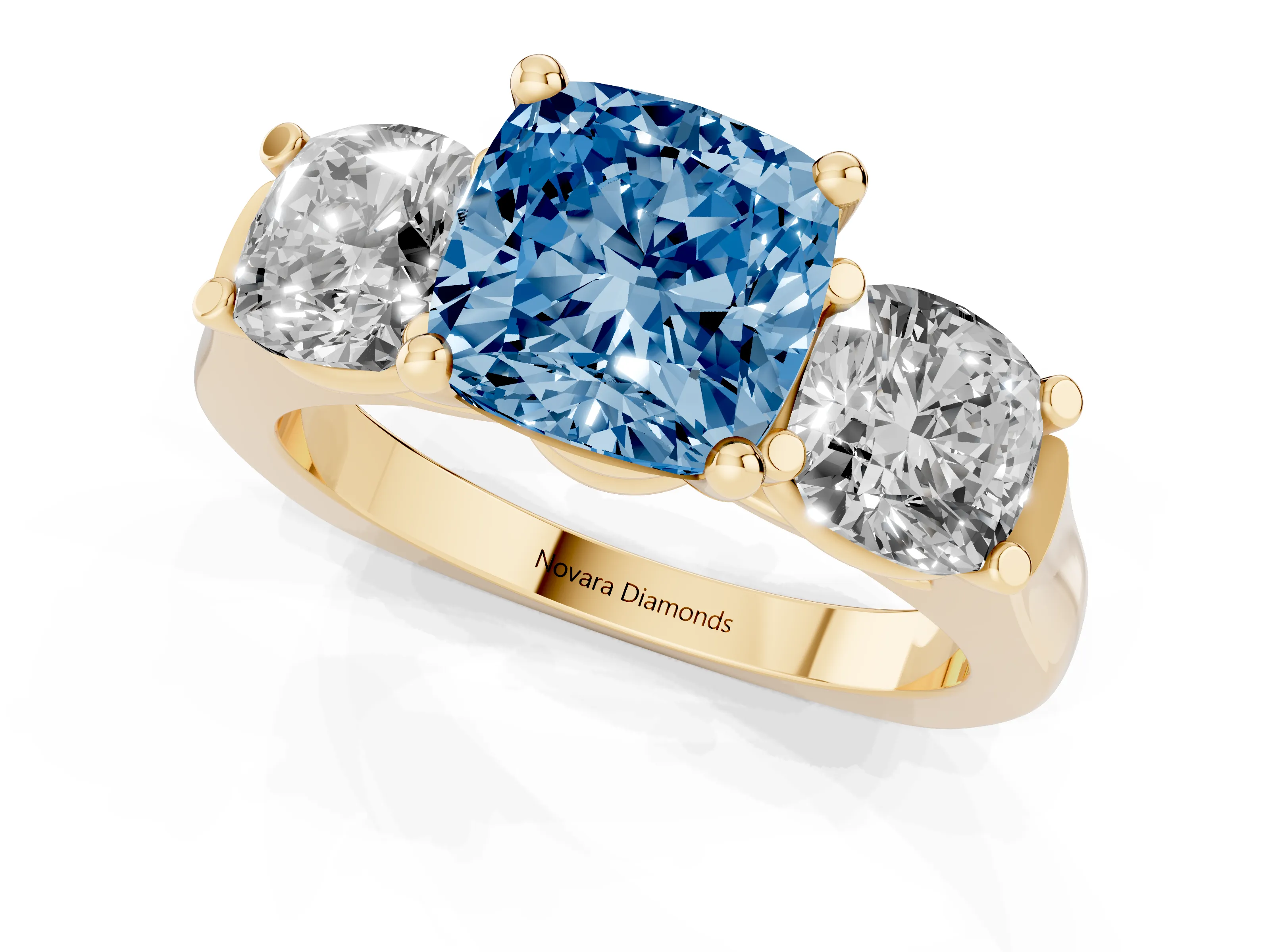 Fancy Blue Cushion Cut Diamond Three-Stone Trellis Ring Set in Yellow gold with Comfort Fit Band