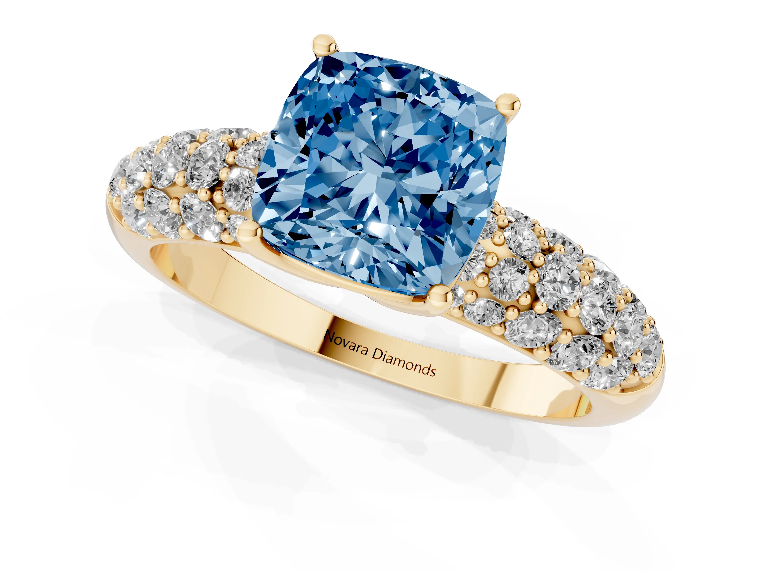 Fancy Blue Cushion Cut Diamond Pavé Band Solitaire Ring Set in Yellow gold with Close-Set Accent Stones and Prong Setting