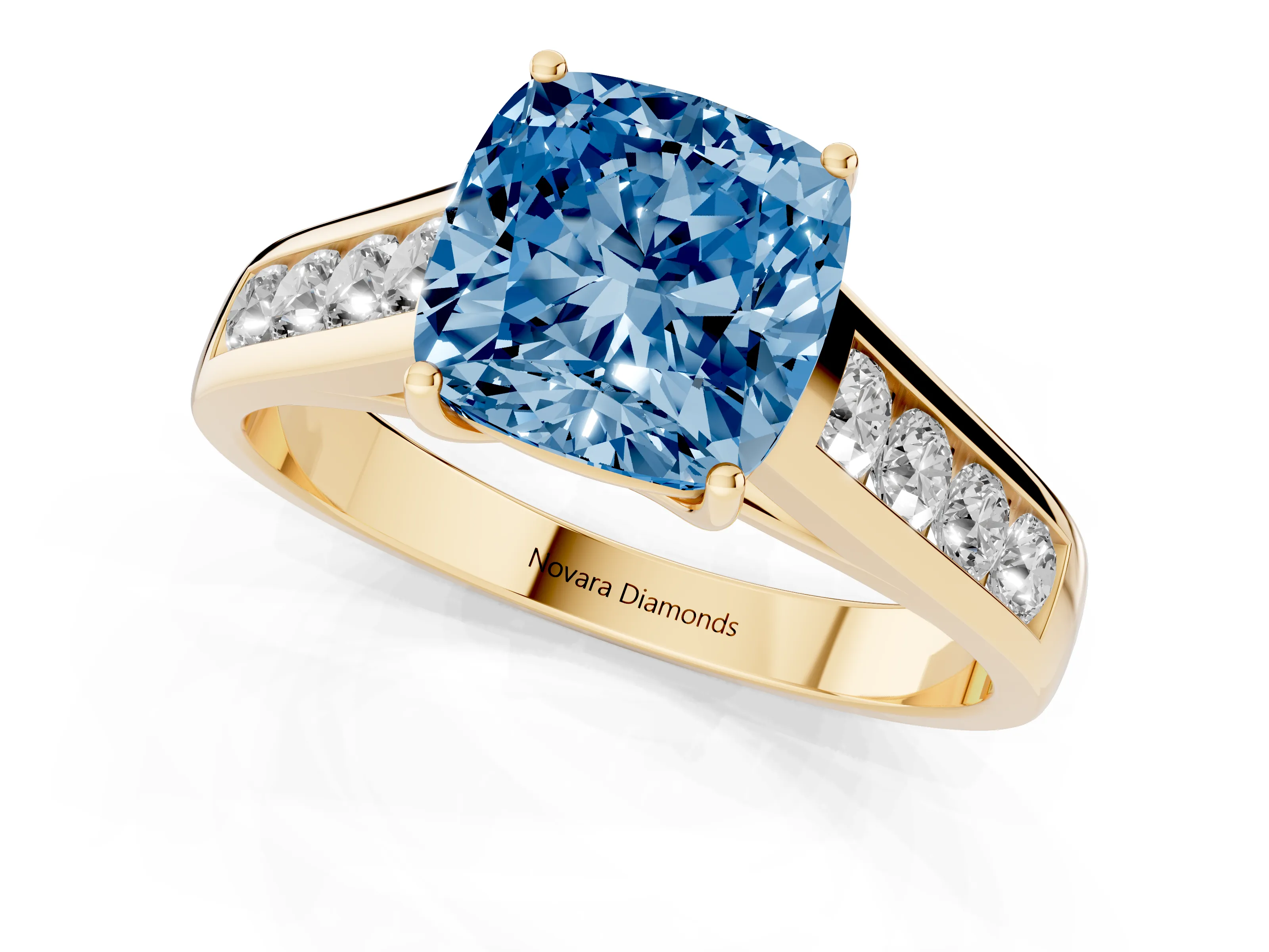 Fancy Blue Cushion Cut Diamond Brilliant Channel-Set Solitaire Ring Set in Yellow gold with Prong Setting