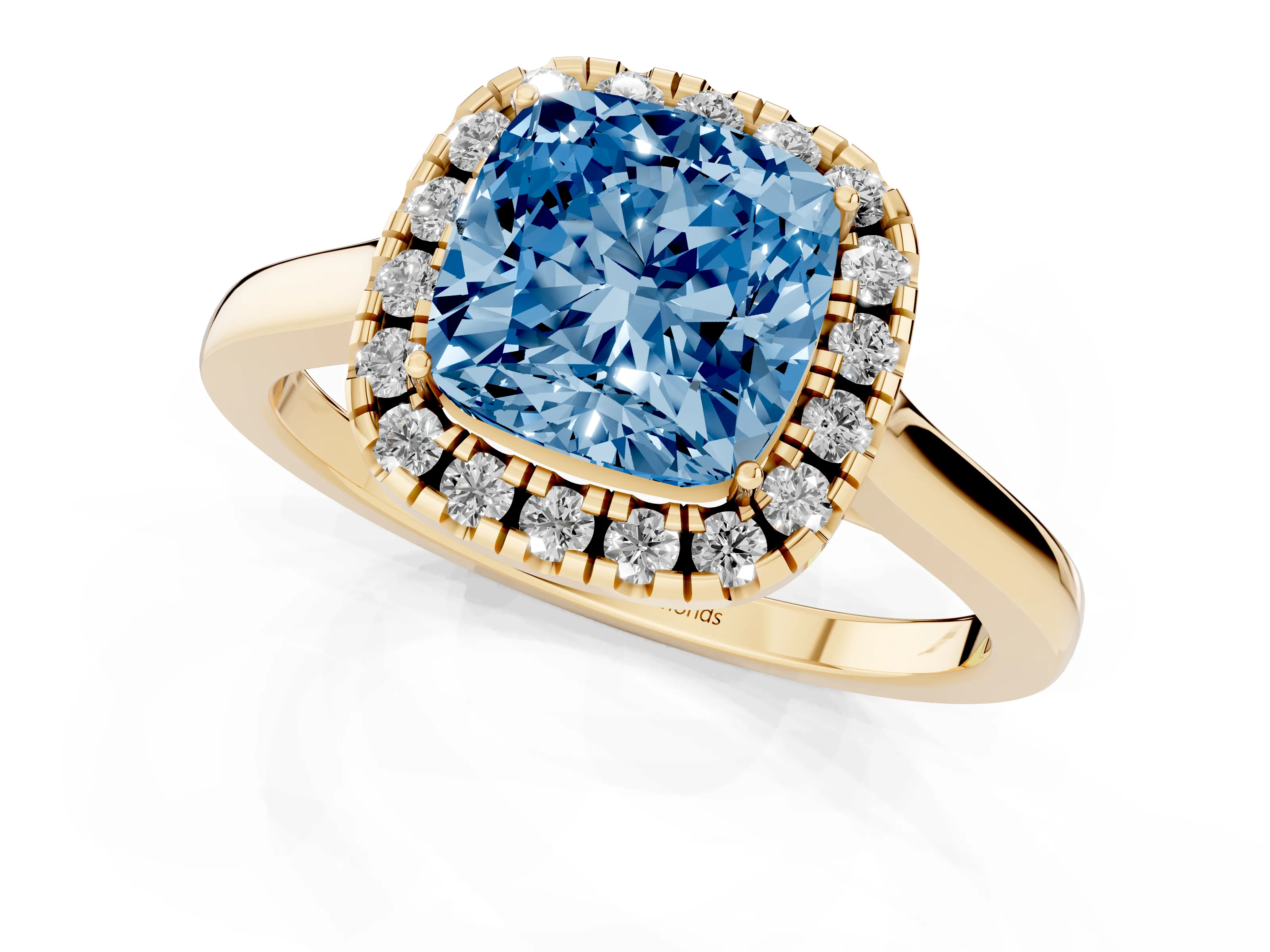 Fancy Blue Cushion Cut Halo Round Diamond Solitaire Ring Set in Yellow gold with Pavé Band and Prong Setting