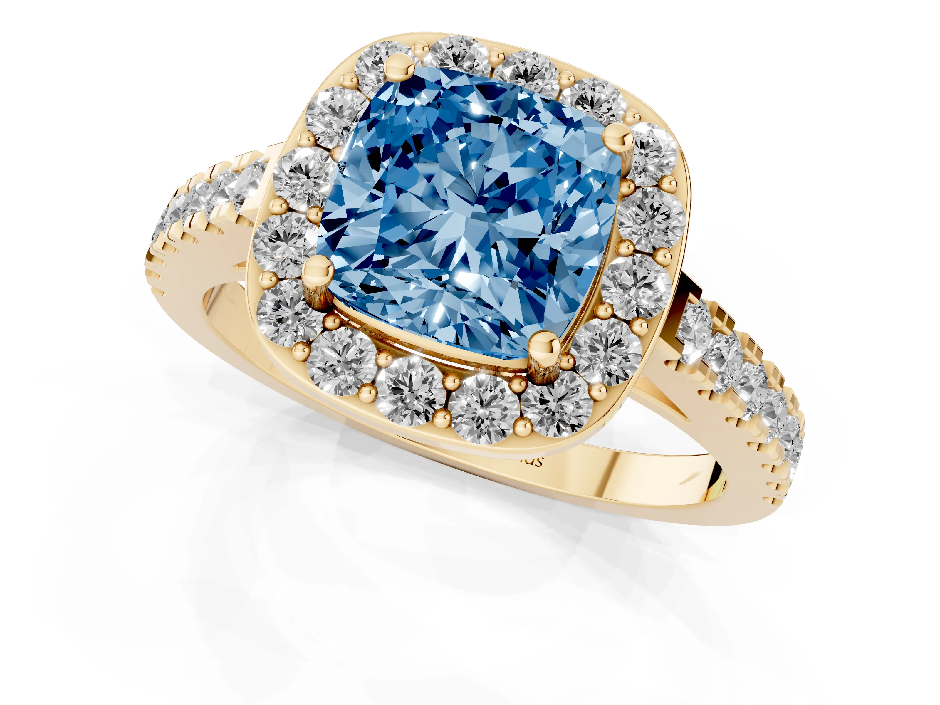 Fancy Blue Cushion Cut Diamond Halo Ring Set in Yellow gold with Round Pavé Split Shank and Prong Setting