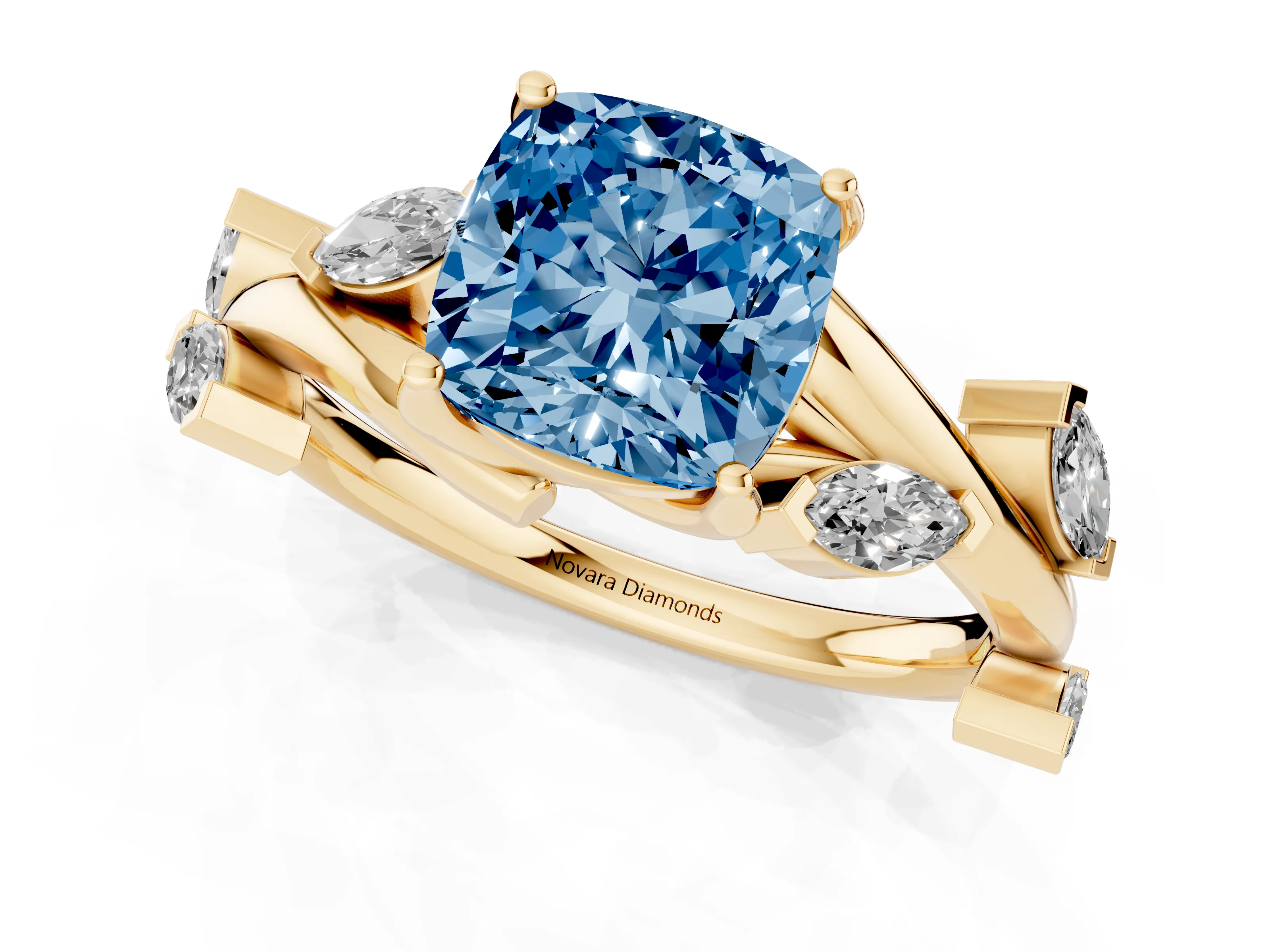 Fancy Blue Cushion Cut Diamond Solitaire Ring Set in Yellow gold with Twisted Marquise Accent Band